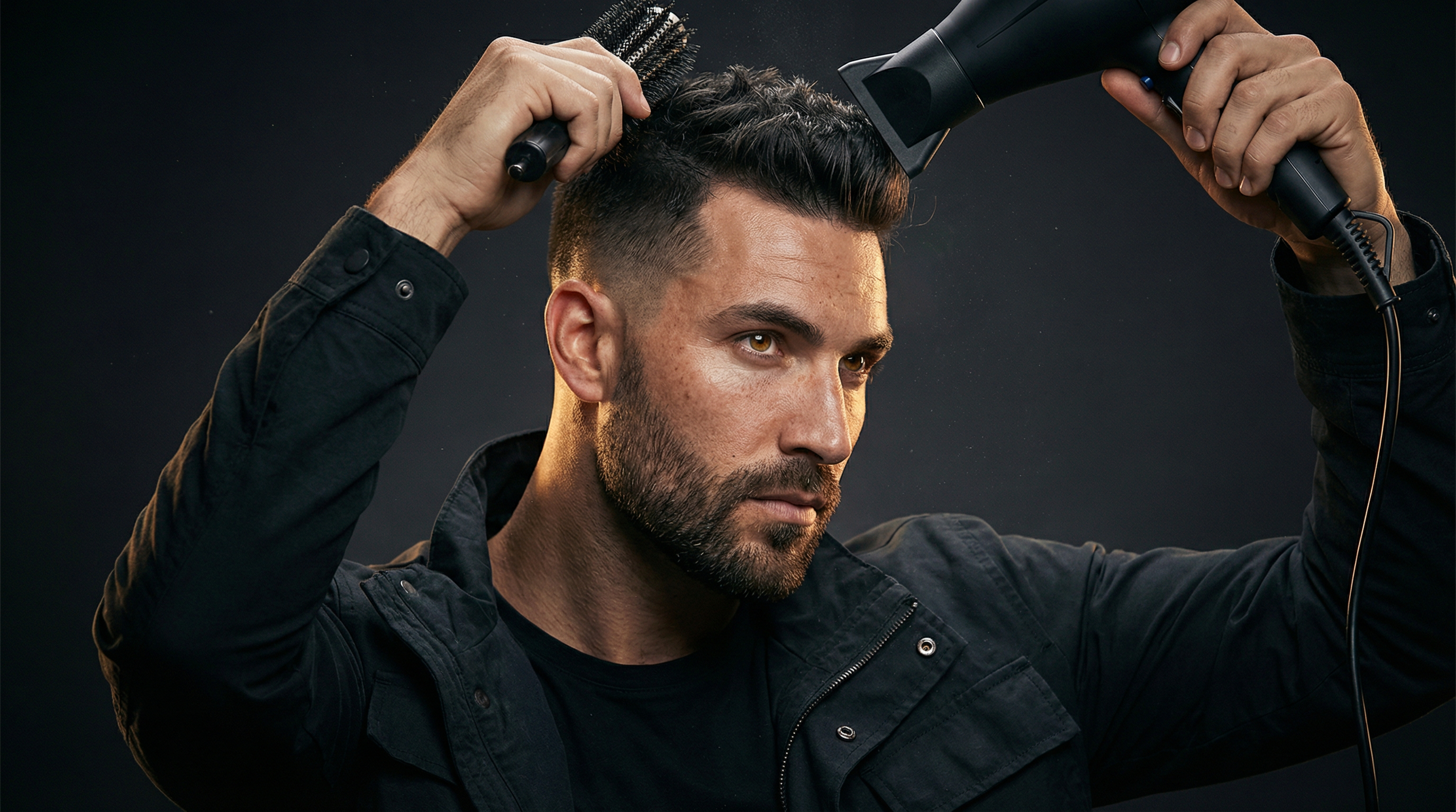 Man blow drying hair for volume in a 5-minute professional styling routine