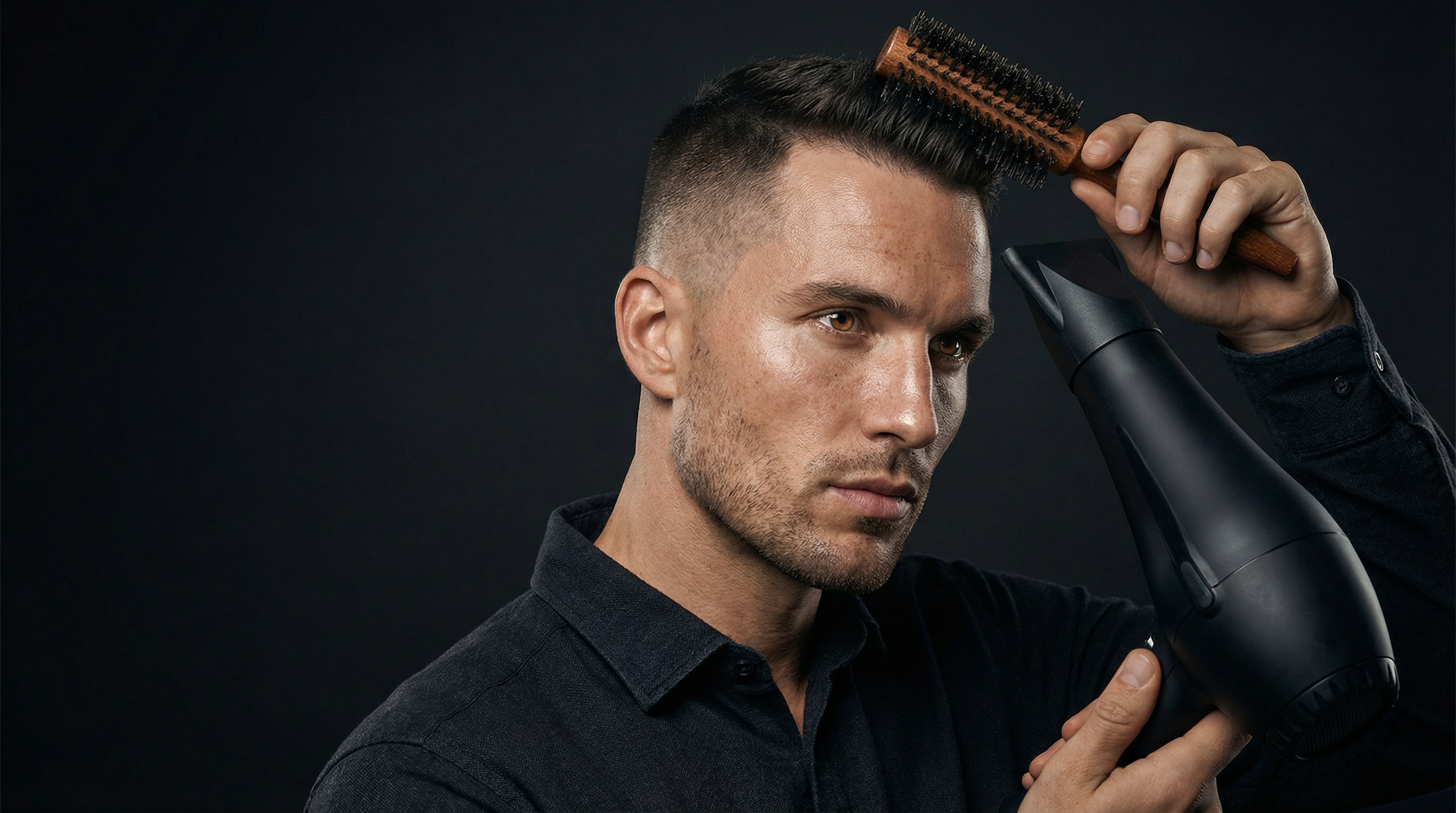 Man blow drying hair with round brush for volume and texture styling