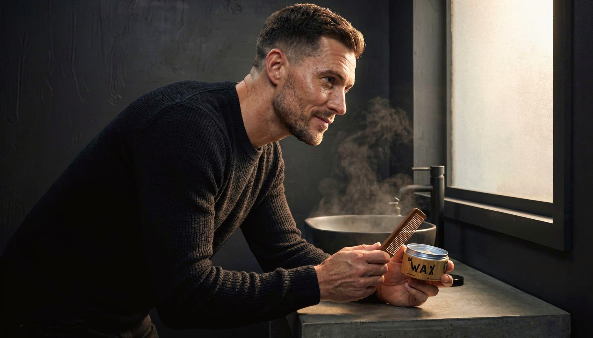 Man in winter bathroom preparing seasonal hair care routine for cold weather