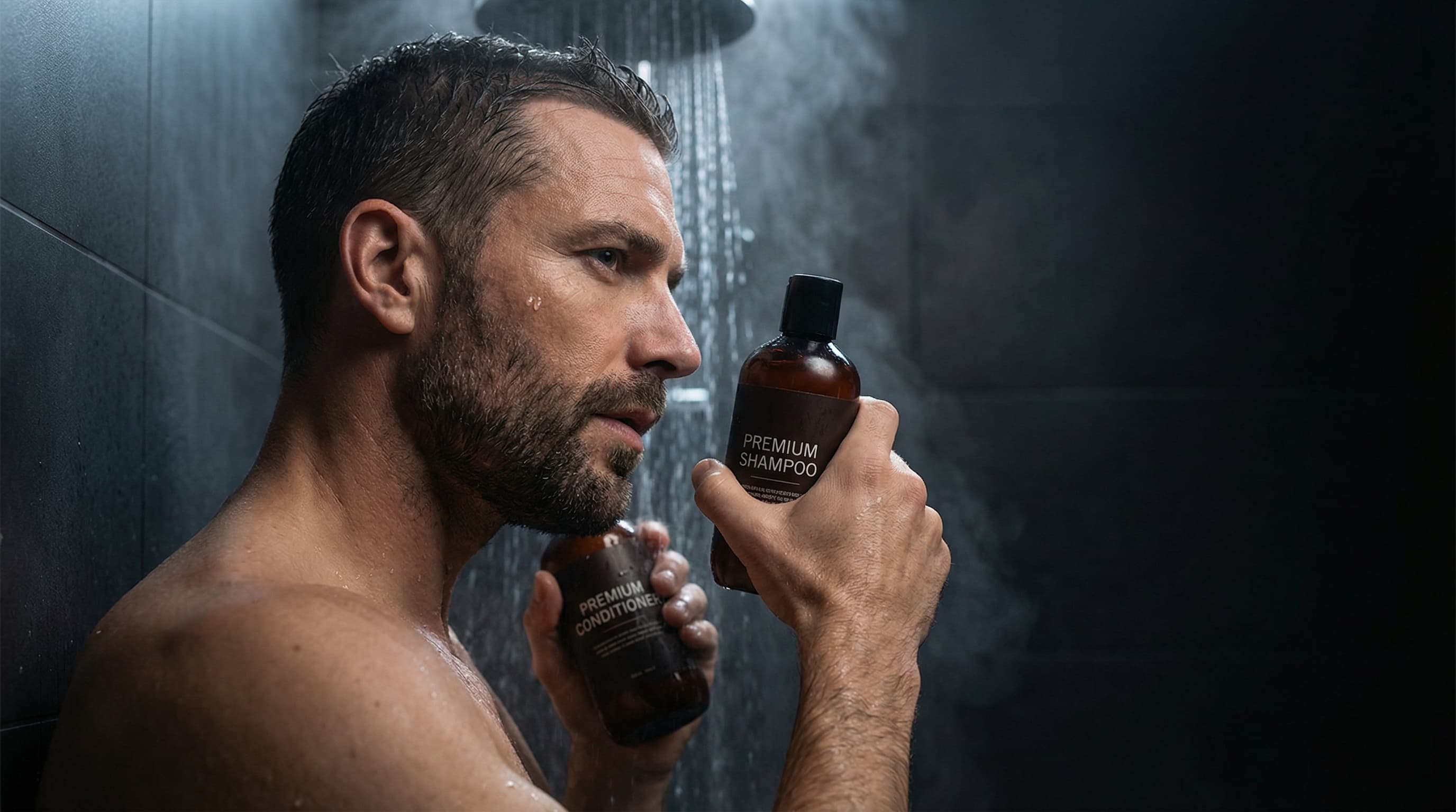 Man using shampoo and conditioner in shower for a quick men's hair care routine
