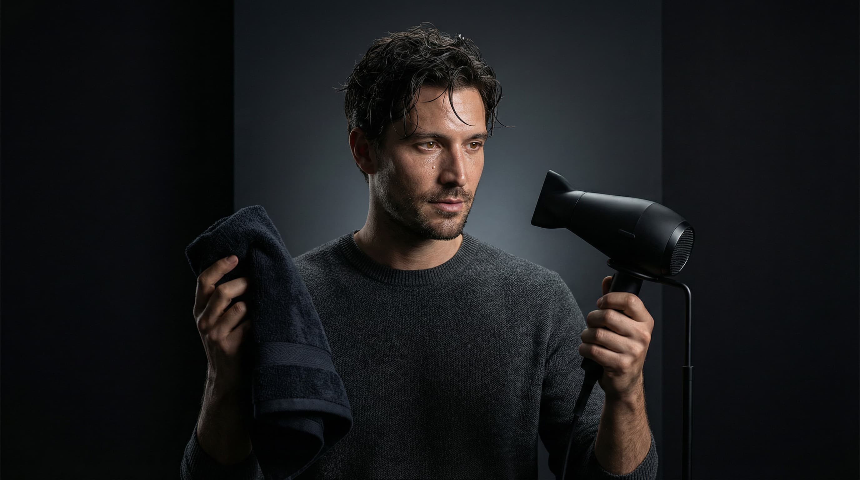 Man with wet hair deciding between air drying and blow drying for volume
