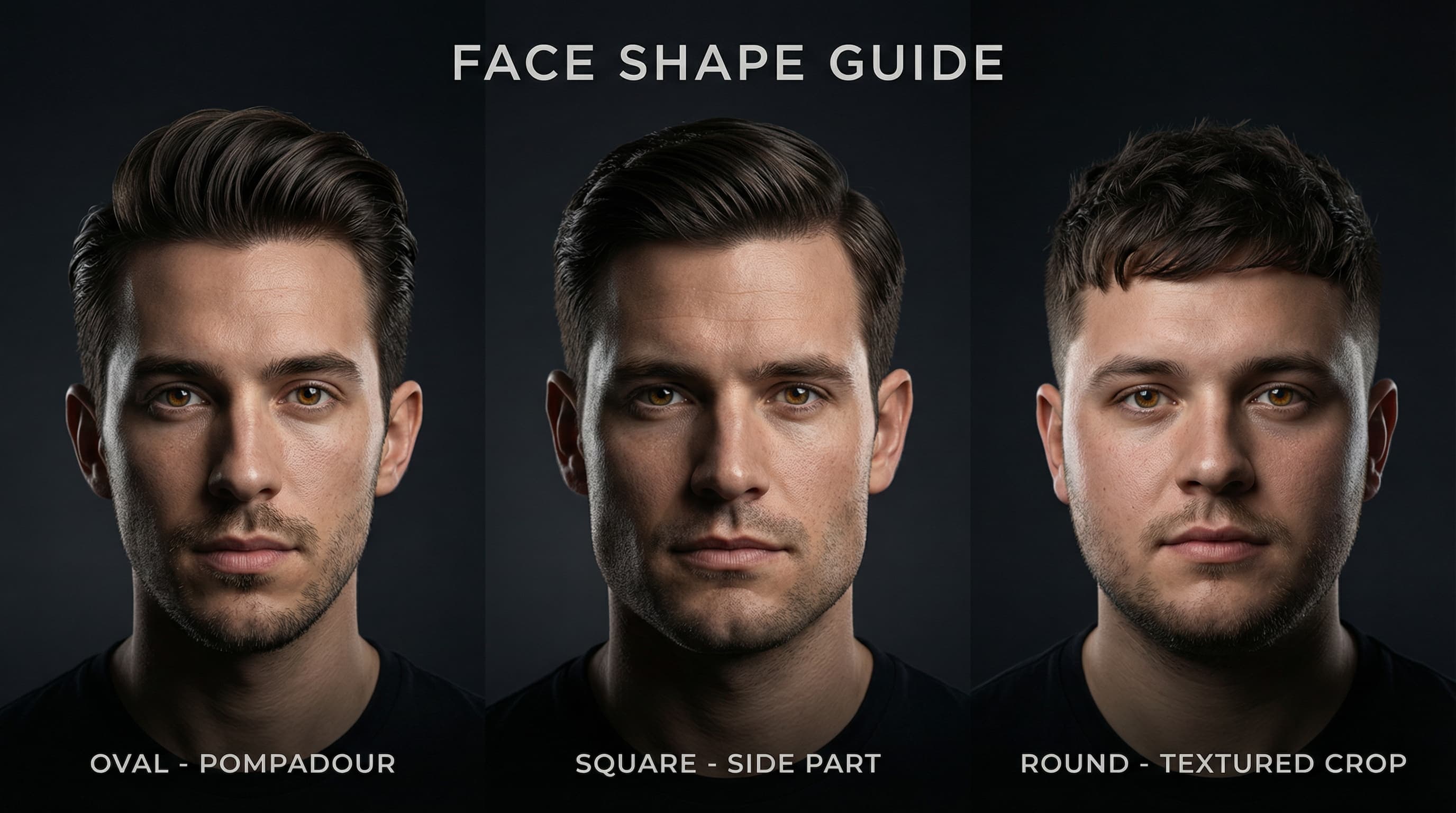 Men's face shape guide matching oval square round faces to classic haircut styles