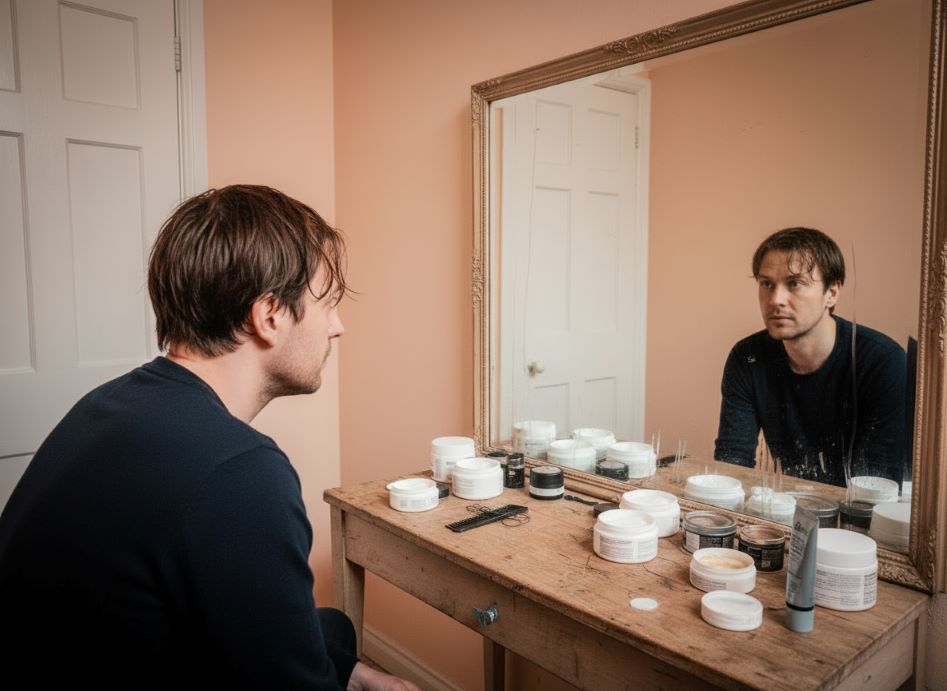 Disappointed man with flat hair from using too much product - common hair styling mistake
