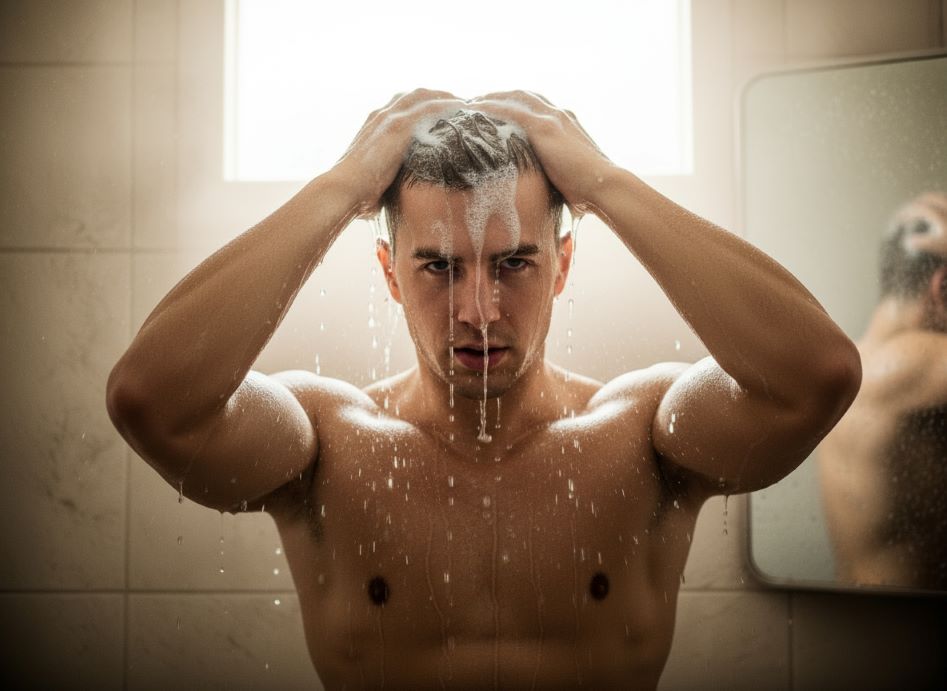 Man applying post-workout hair care products during shower for optimal hair recovery