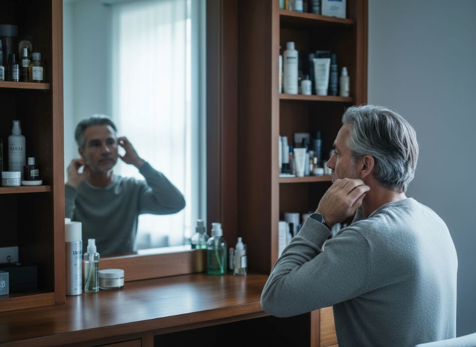 Man examining his hair color in the mirror considering natural-looking hair color options