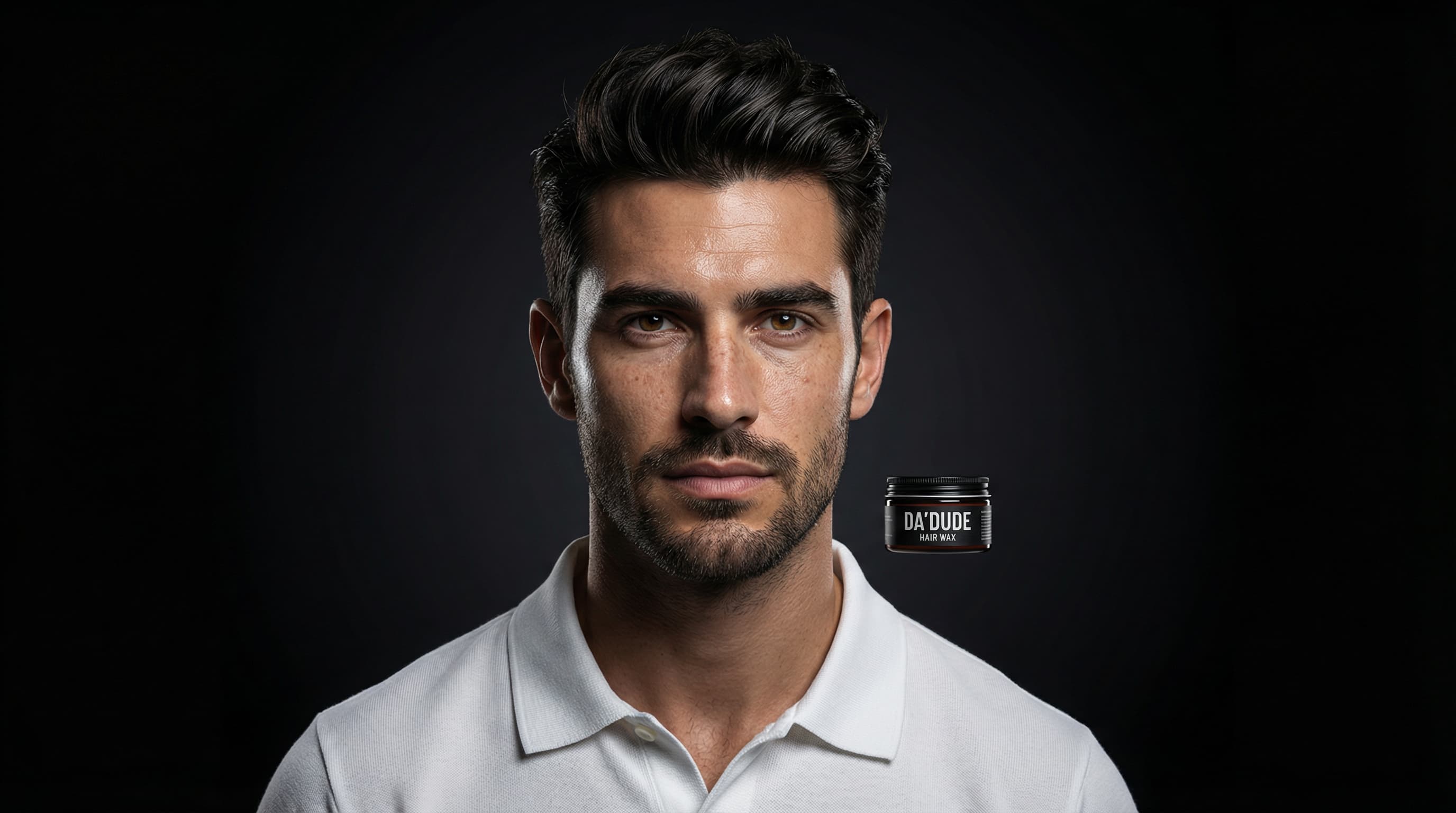 Robbie wearing a white polo in a park, rocking a textured quiff hairstyle styled with Da'Dude hair wax