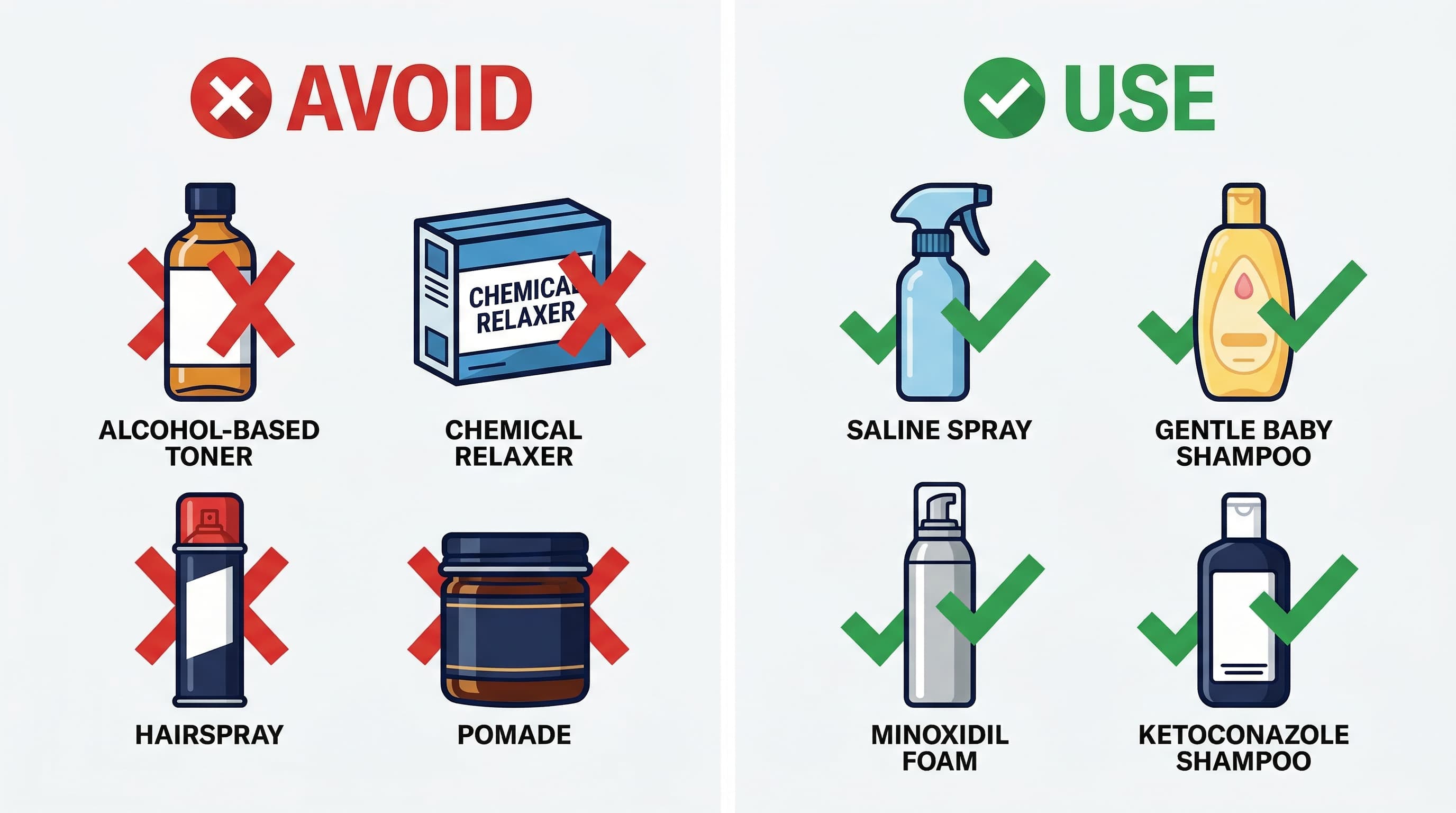 Safe vs unsafe hair care products after a hair transplant &mdash; what to use and avoid
