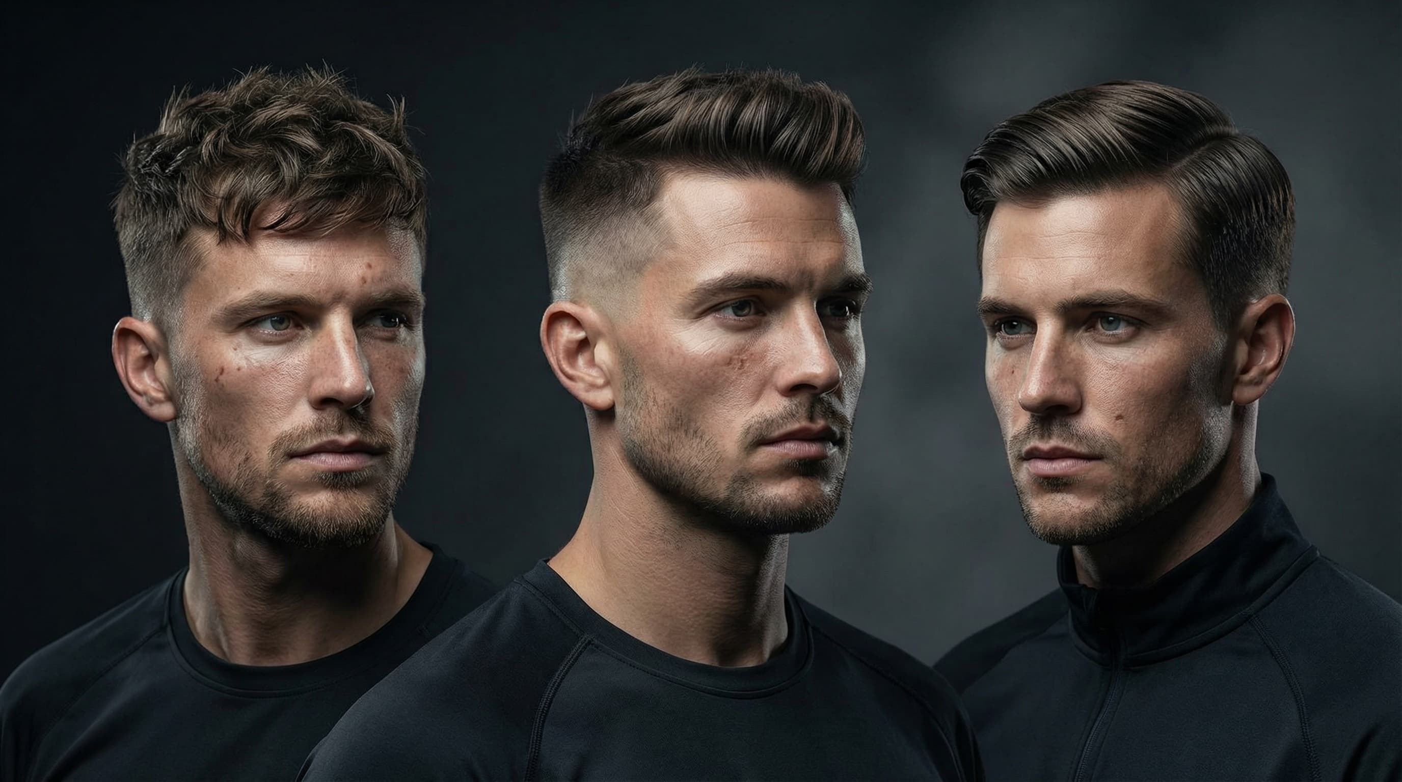 Three men's hairstyles compared — textured crop modern fade and classic side part for active men
