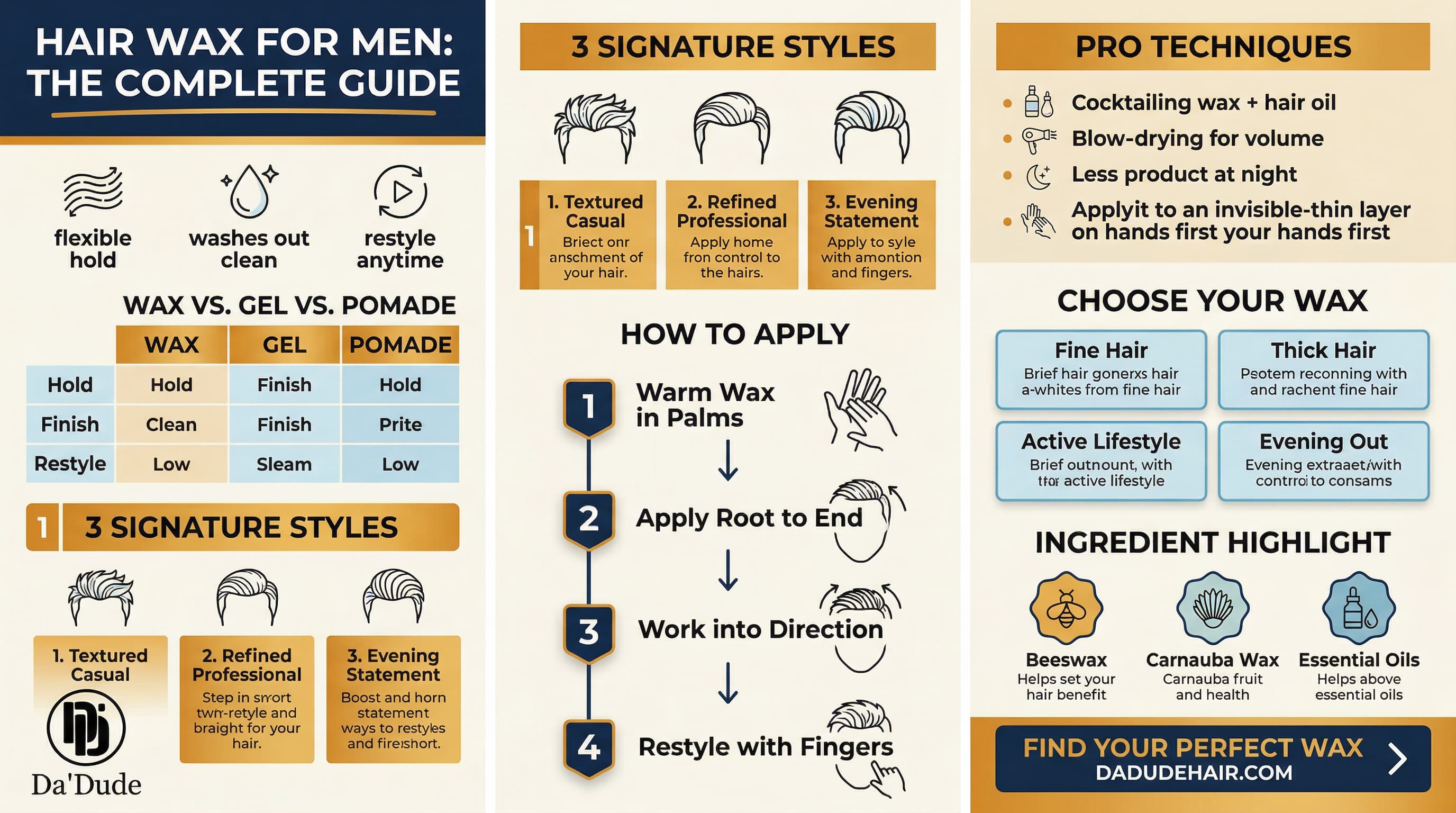Hair wax for men infographic — styles, techniques, and how to choose the right wax