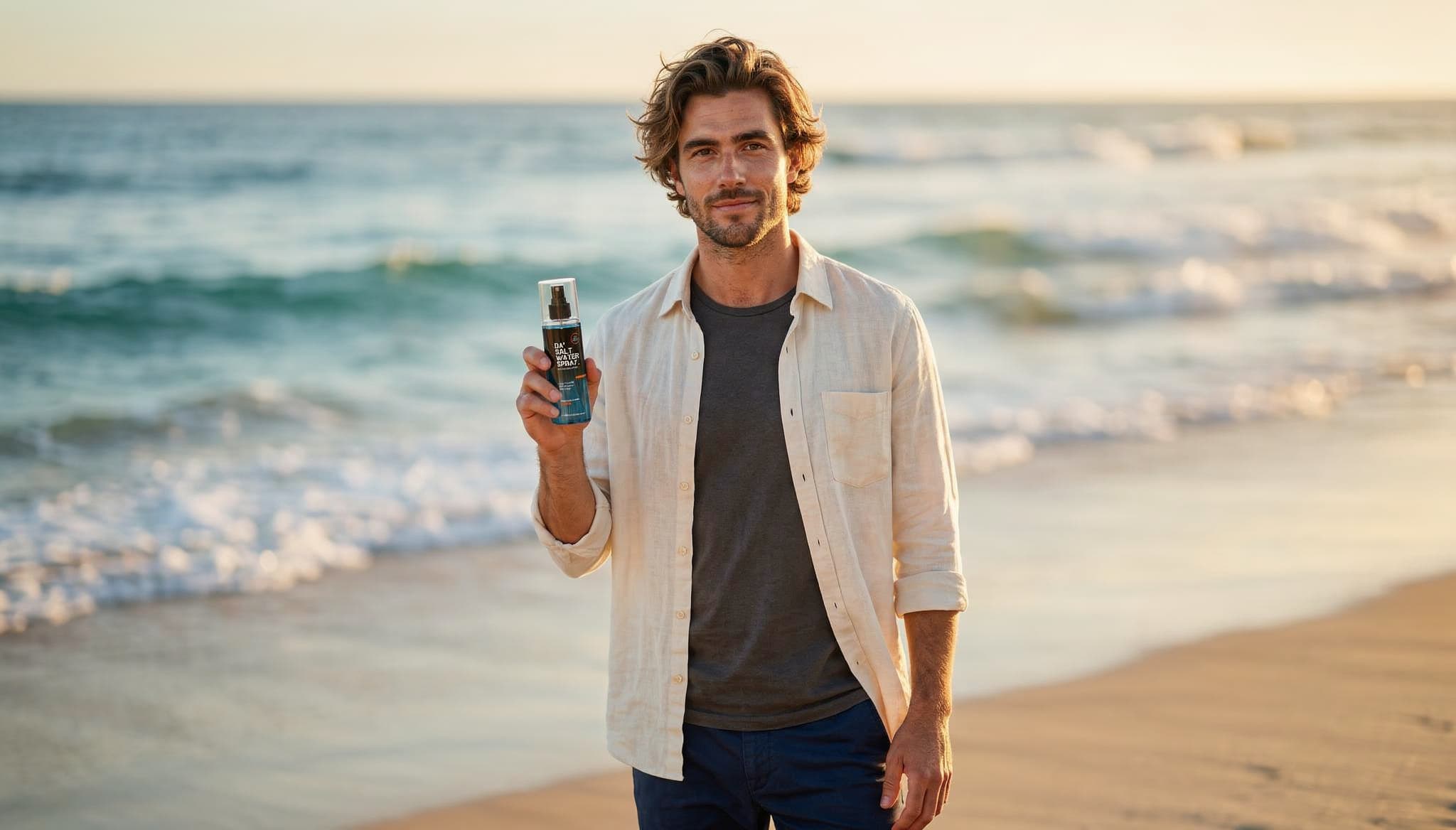 Confident man with effortless beach waves styled using Da' Salt Water Spray on a sunny shoreline