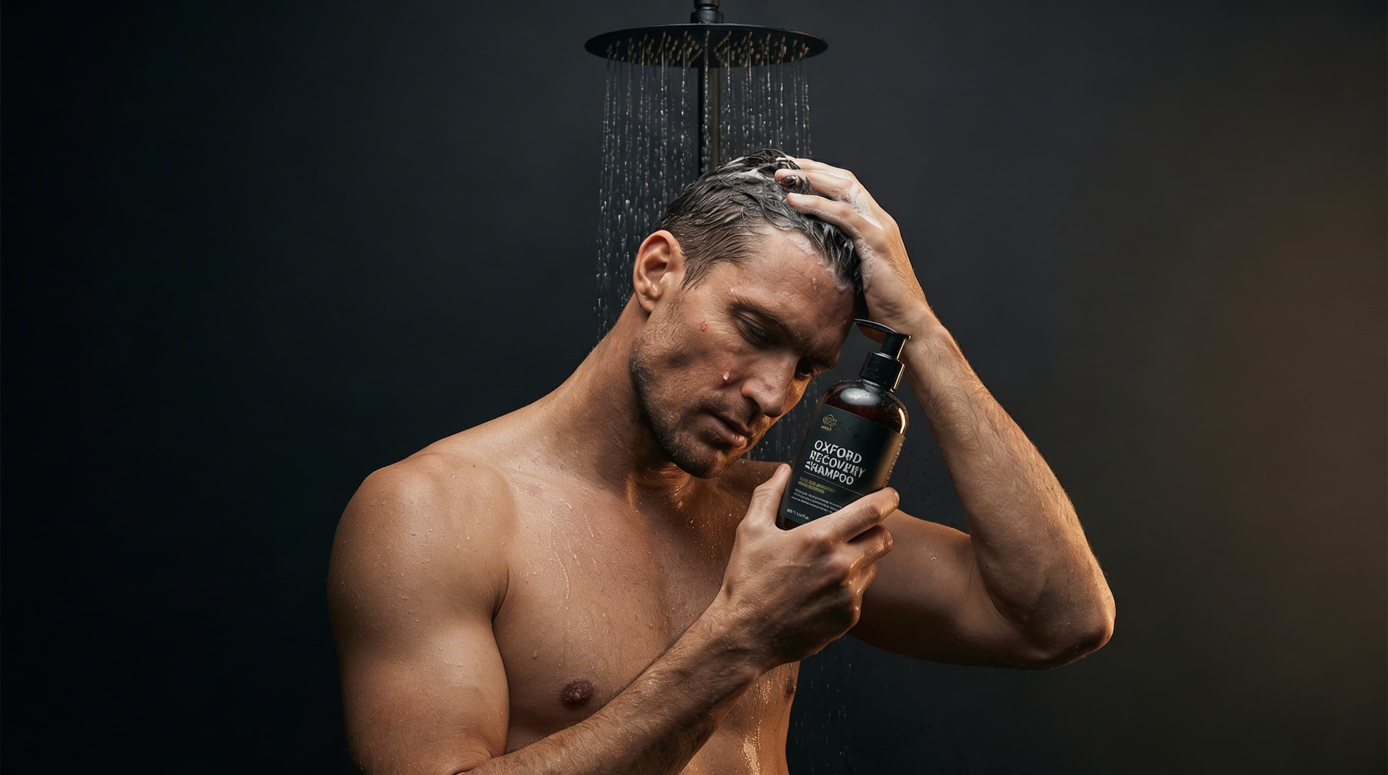 Man applying post-workout hair care products during shower for optimal hair recovery