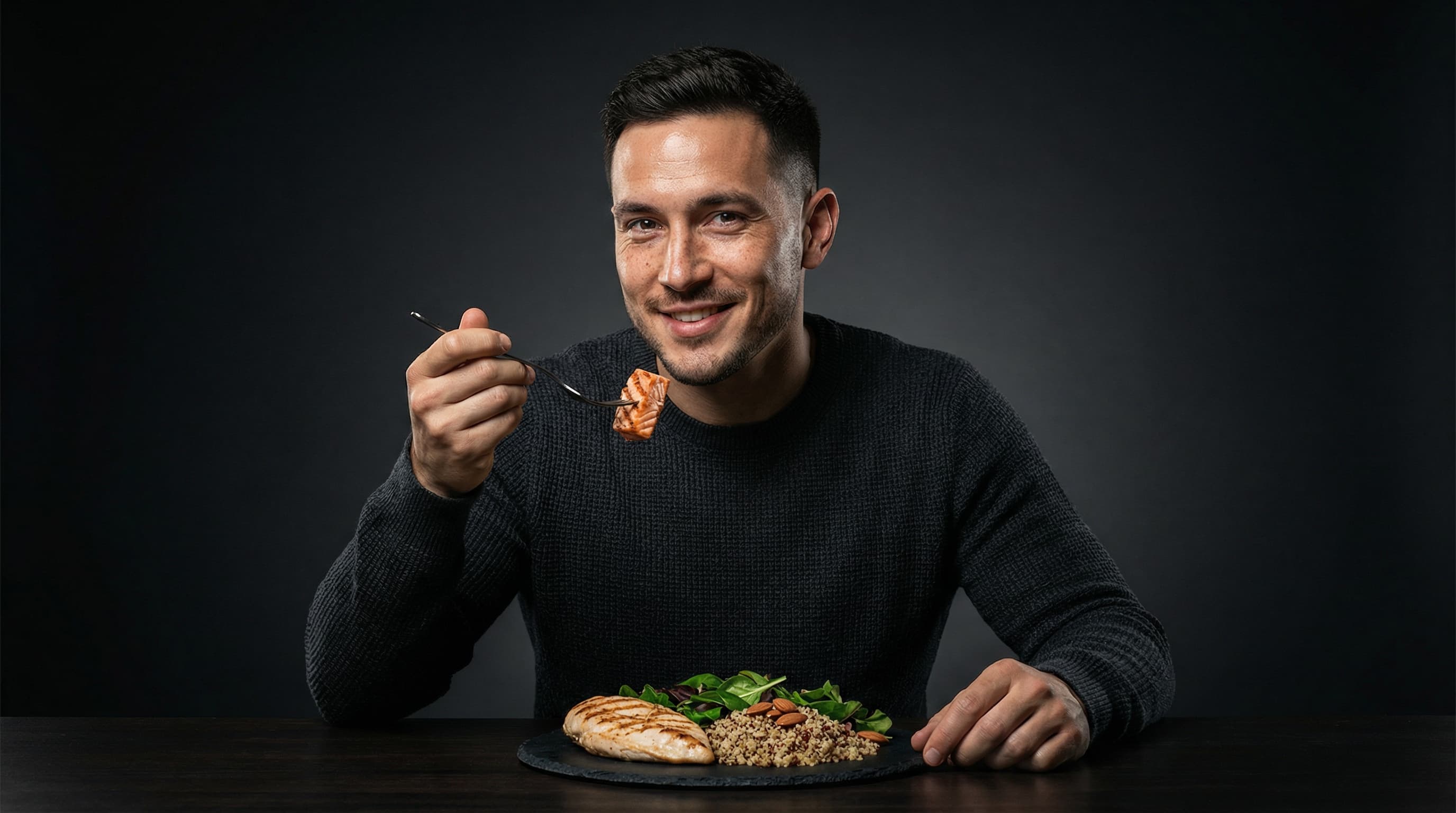 Man eating a protein-rich meal with eggs and nutrients for stronger thicker hair growth