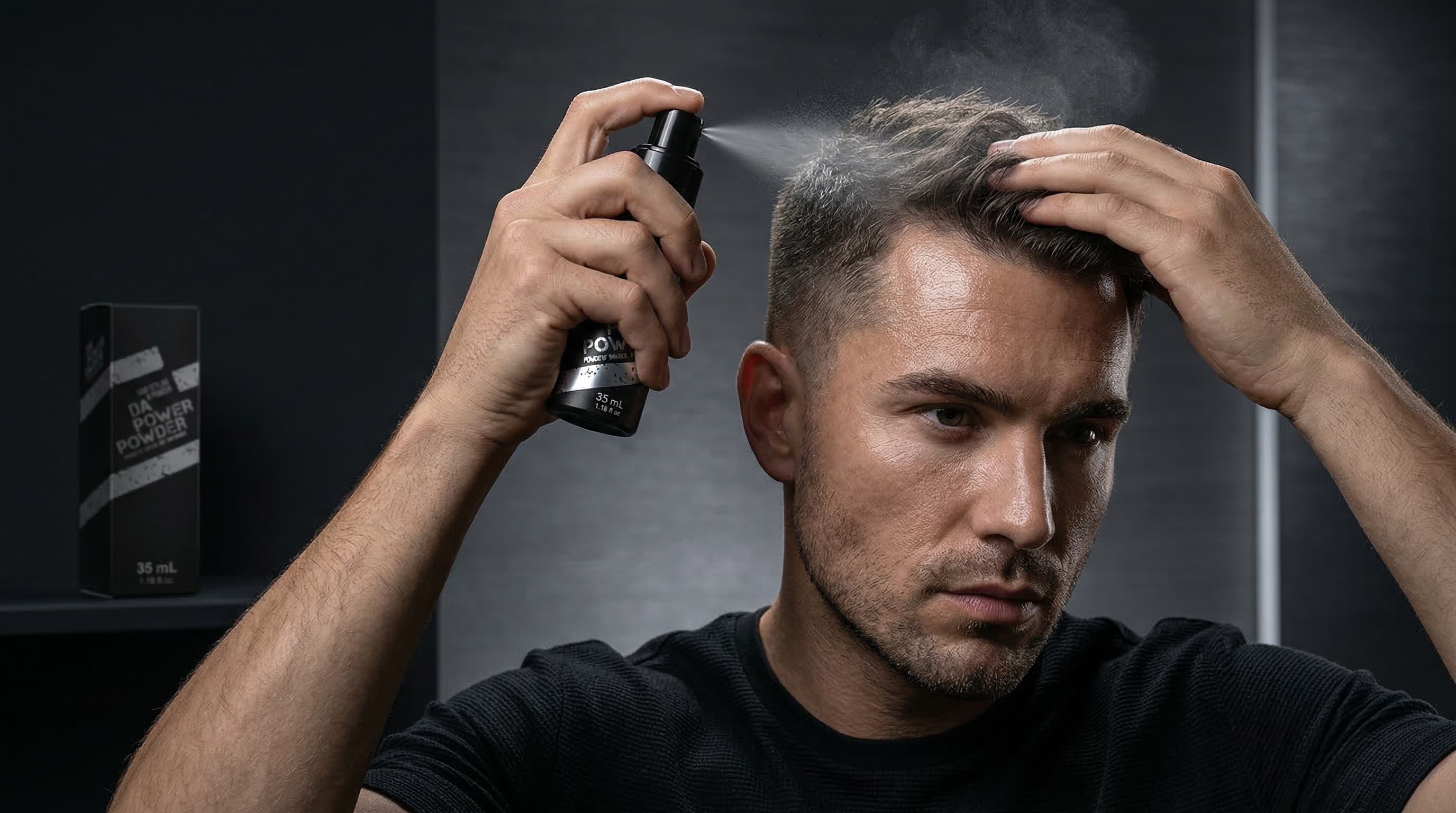 Spraying Da'Power hair powder at roots for maximum volume and lift on men's hair