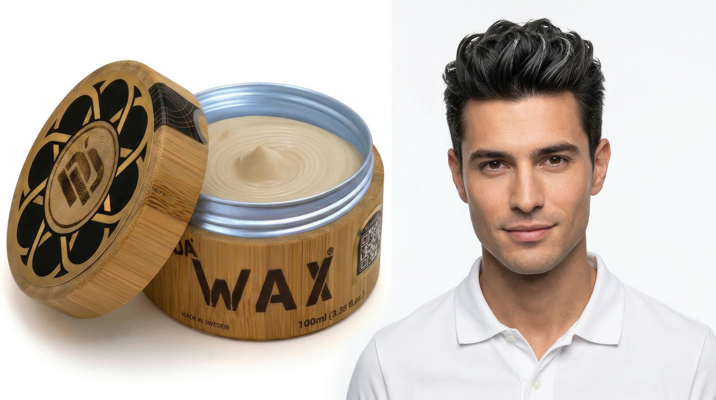 Man wearing white polo styling a textured quiff hairstyle with matte hair wax