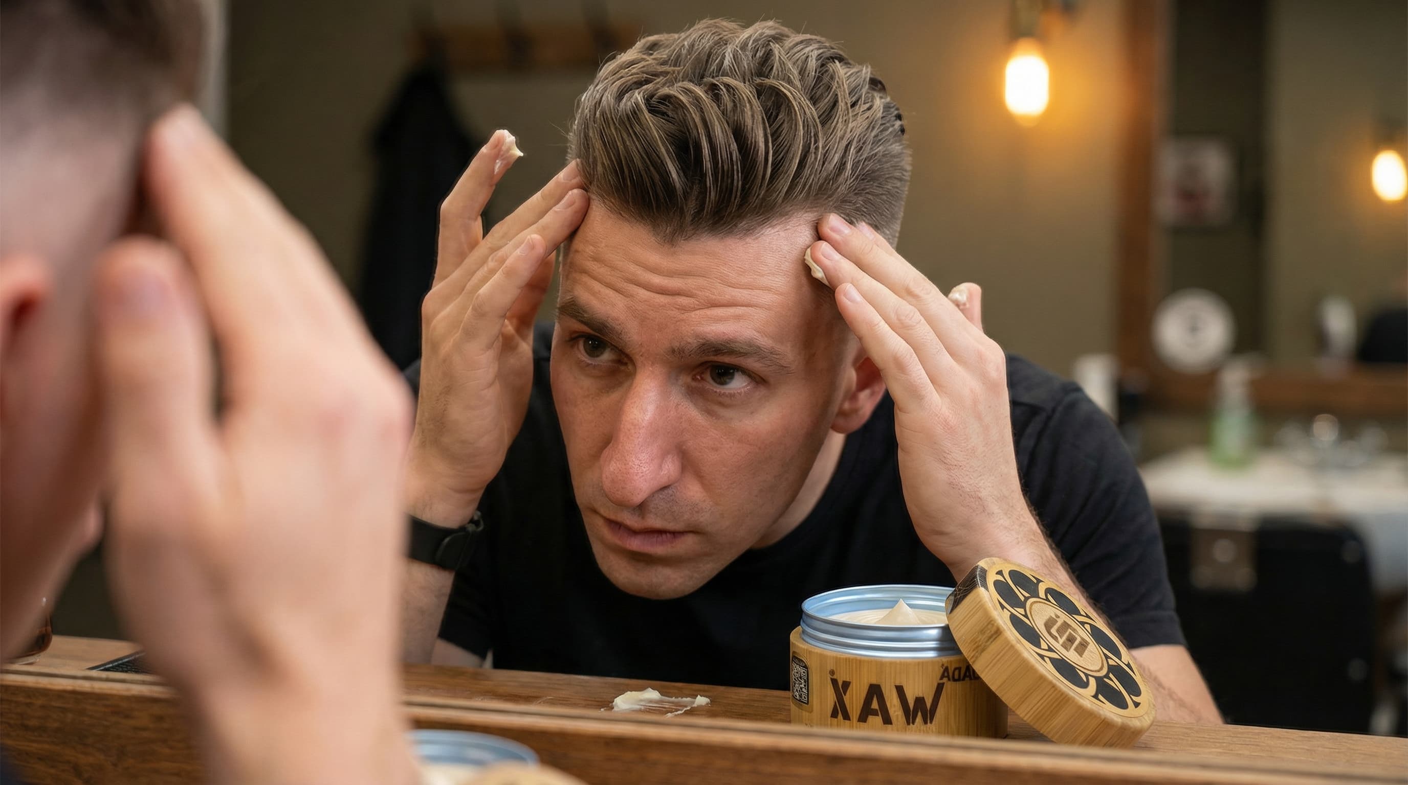 Man with big nose styling a quiff with high fade using Da'Dude Da'Wax hair product