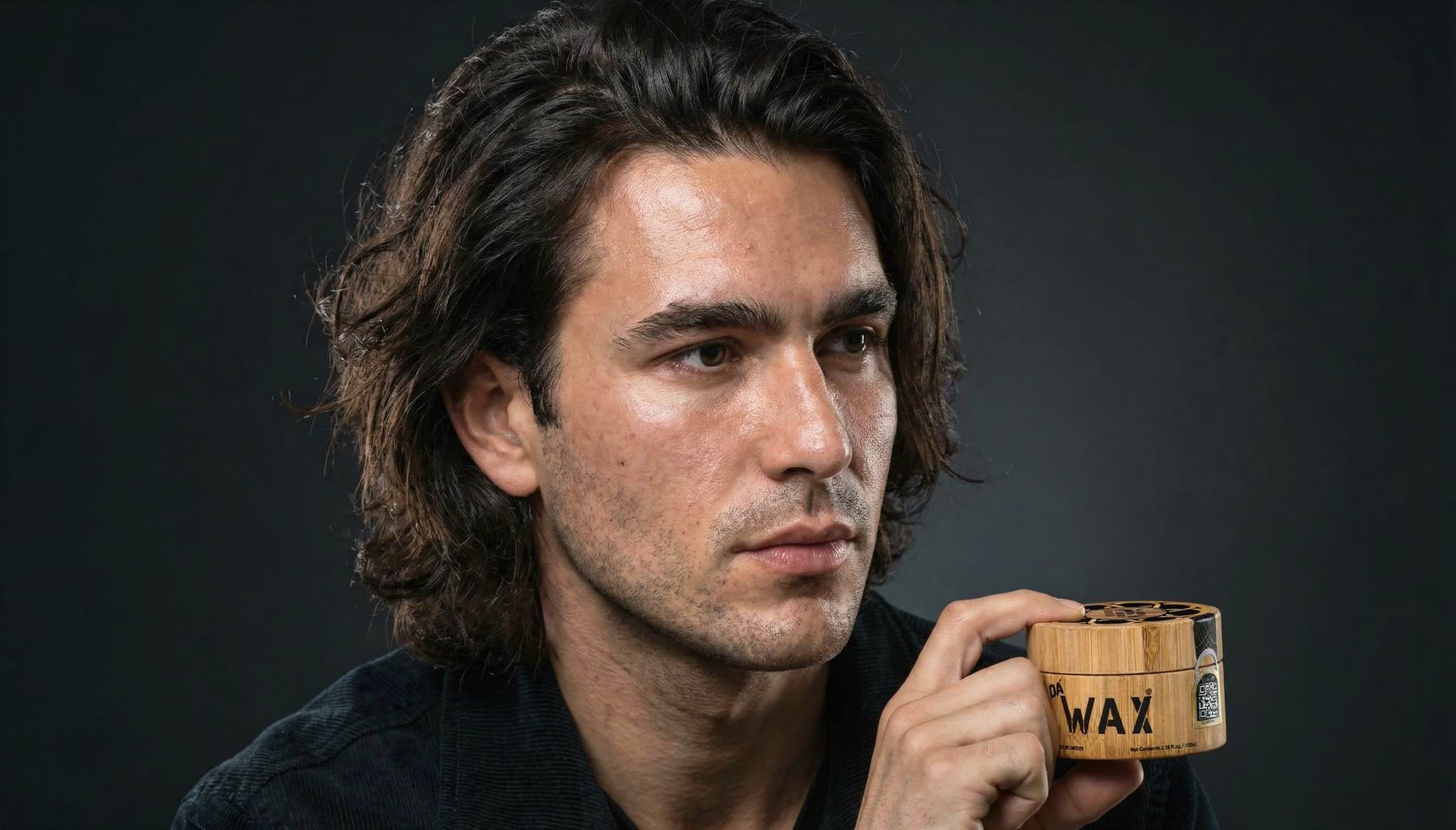 Men's long hair styled with Da'Dude Da'Wax for natural matte finish and all-day hold