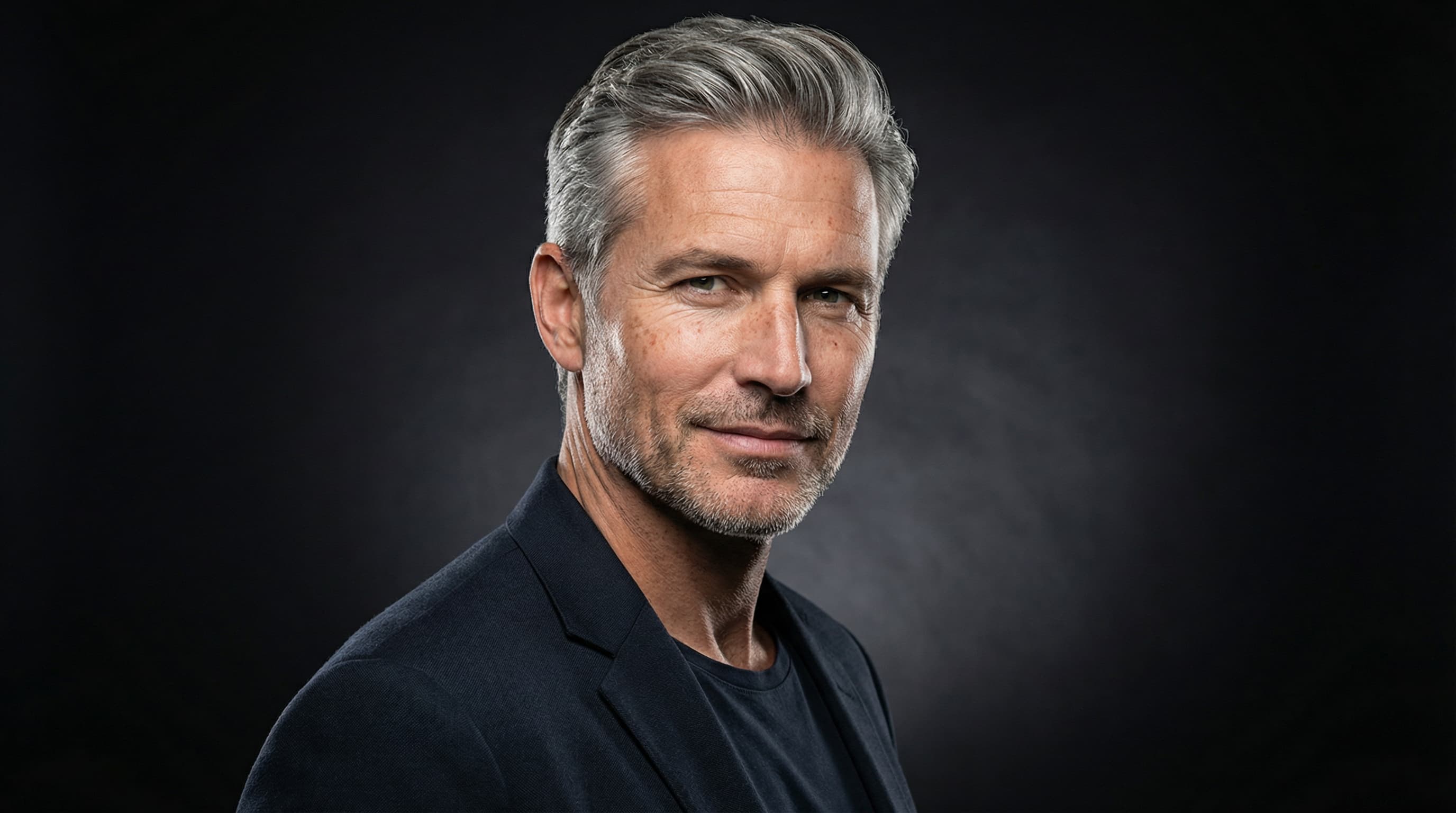 Confident man with styled silver hair walking outdoors wearing a casual blazer
