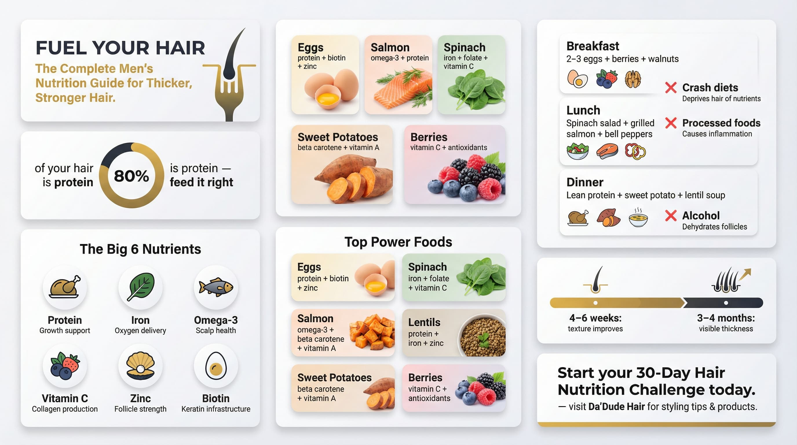 Hair growth nutrition infographic showing best foods vitamins and minerals for thicker healthier mens hair