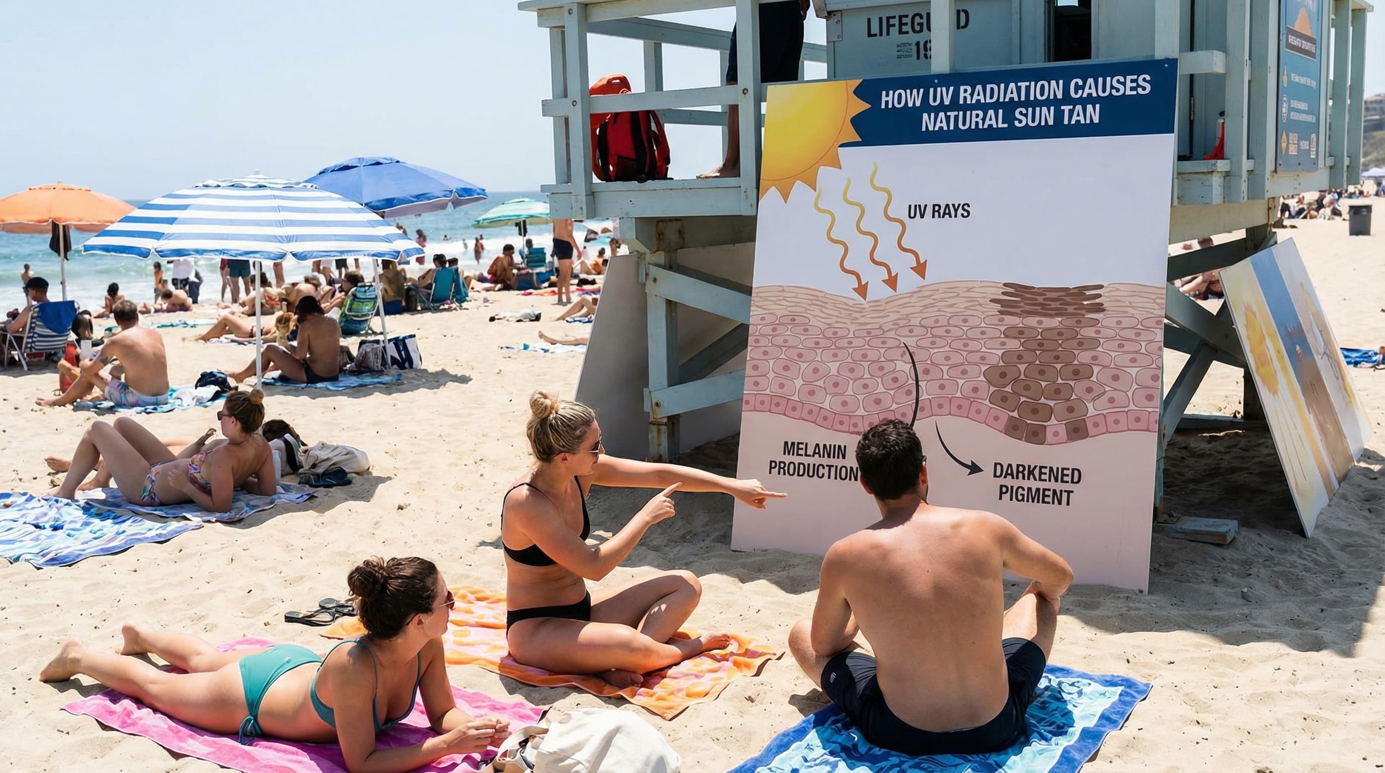 people sunbathing on beach showing how UV radiation causes natural sun tan