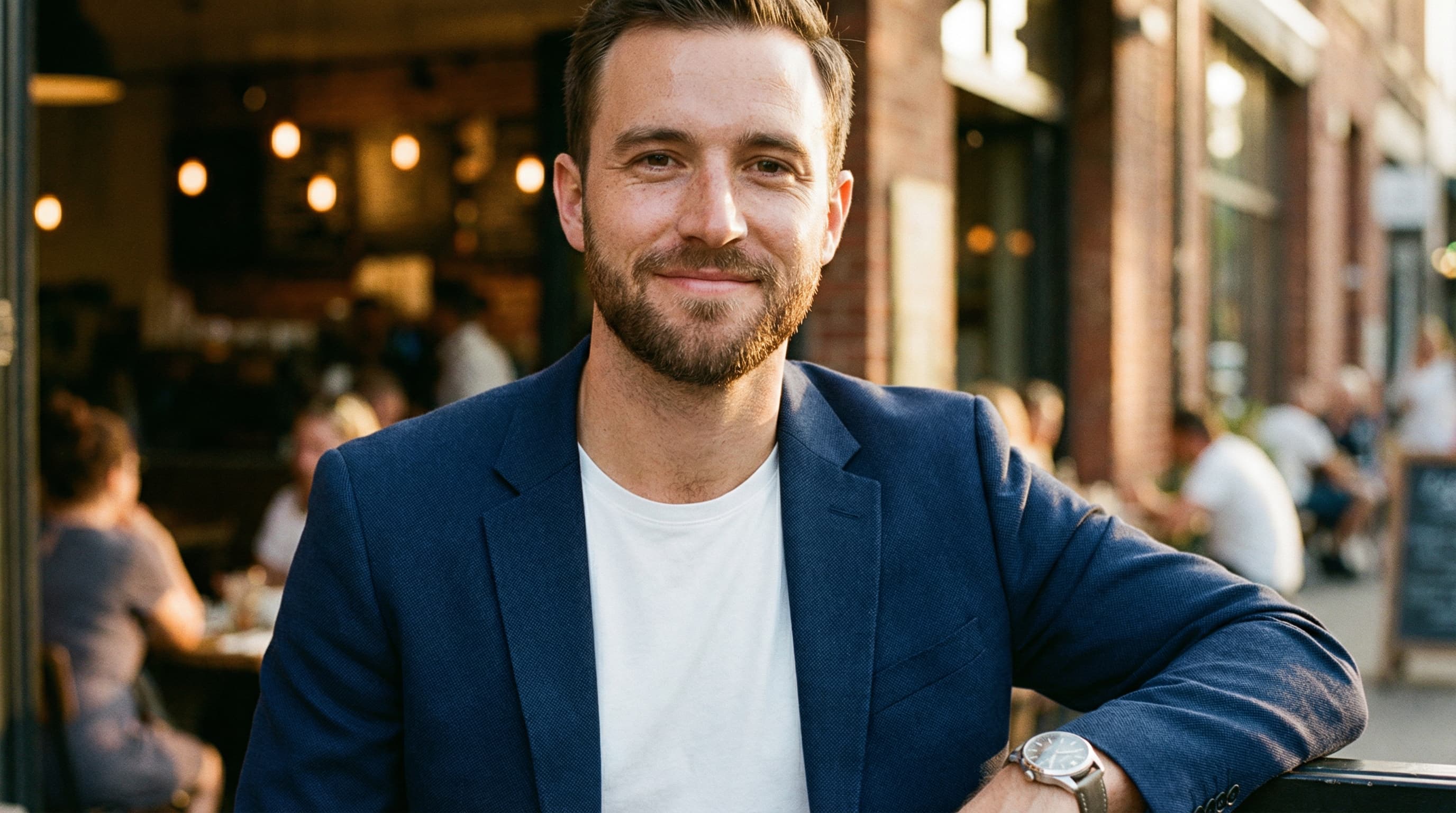 Confident well-groomed man in blazer and white tee showcasing attractive style traits women love