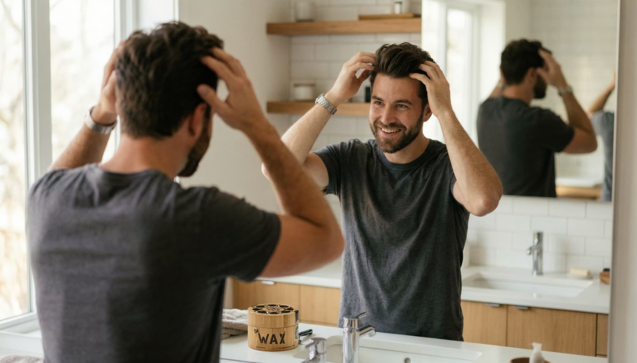 Man styling healthy hair in mirror with confidence before a date, using matte-finish hair product