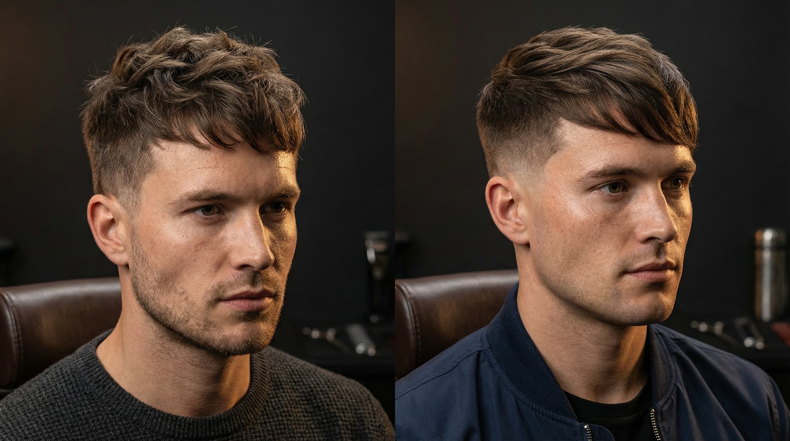 Square face shape men's haircut comparison showing textured crop and side-swept fringe with taper