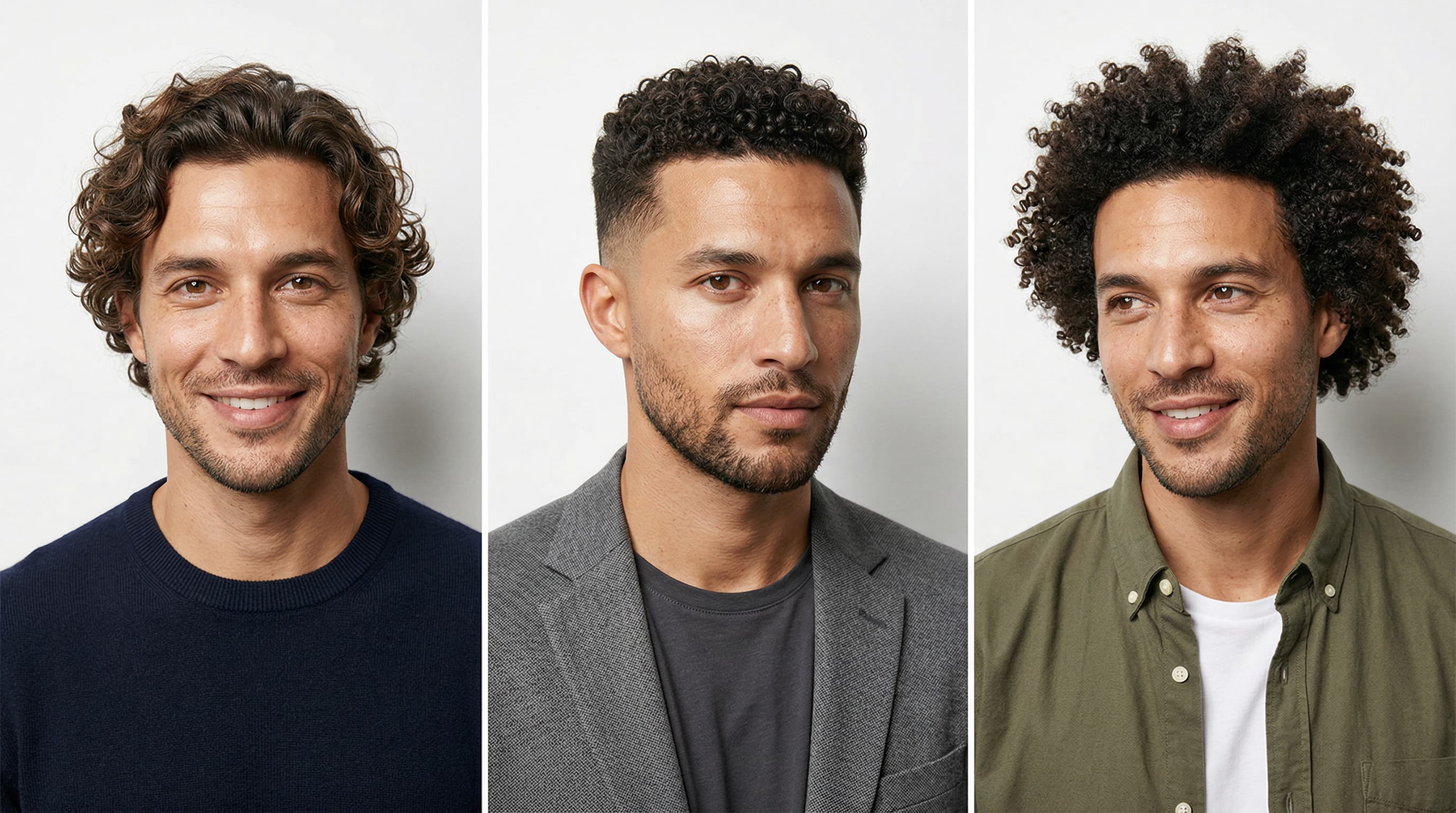 Three men showing curly hair types for men — wavy coiled and kinky curl styles and cuts