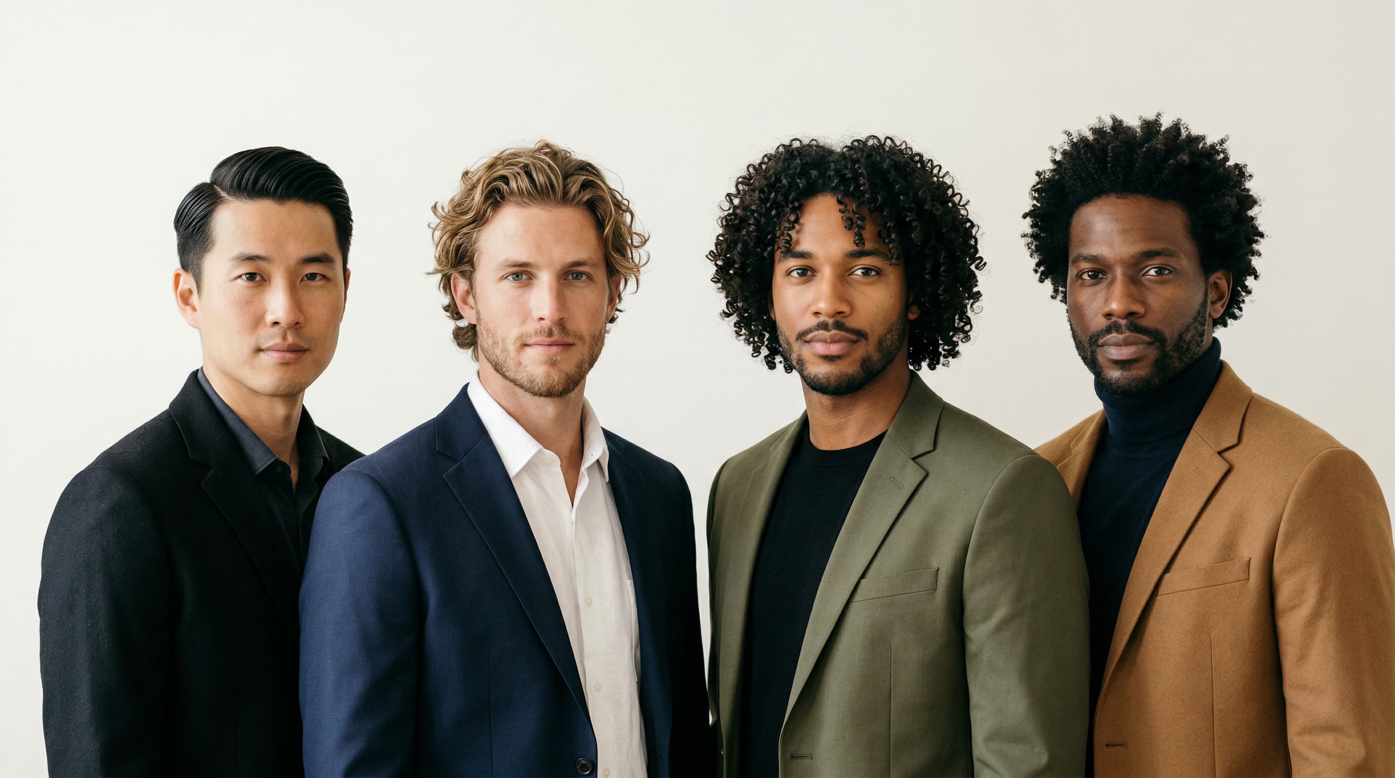 Four men displaying Type 1 through Type 4 hair texture types — straight, wavy, curly, and coily — for Da'Dude Hair guide