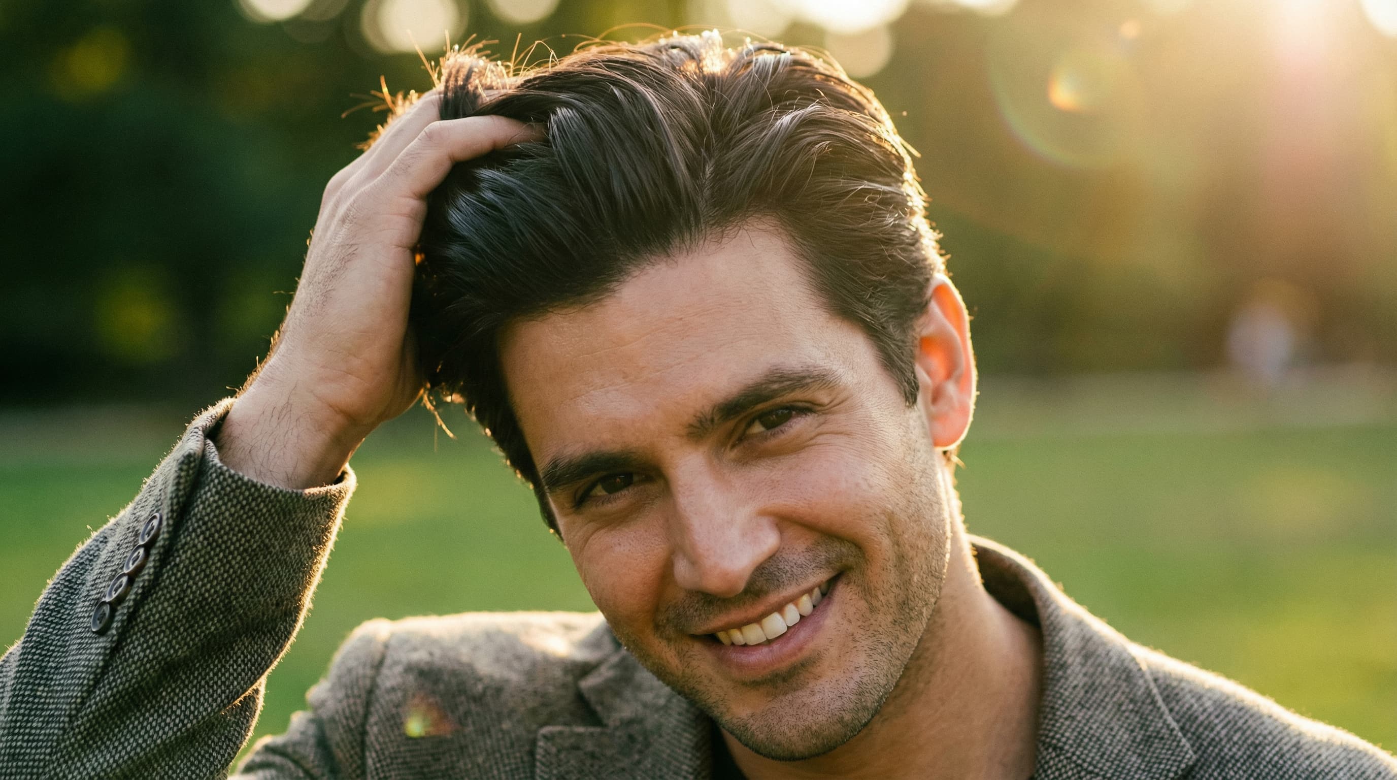 Man with thick healthy well-maintained hair in natural sunlight