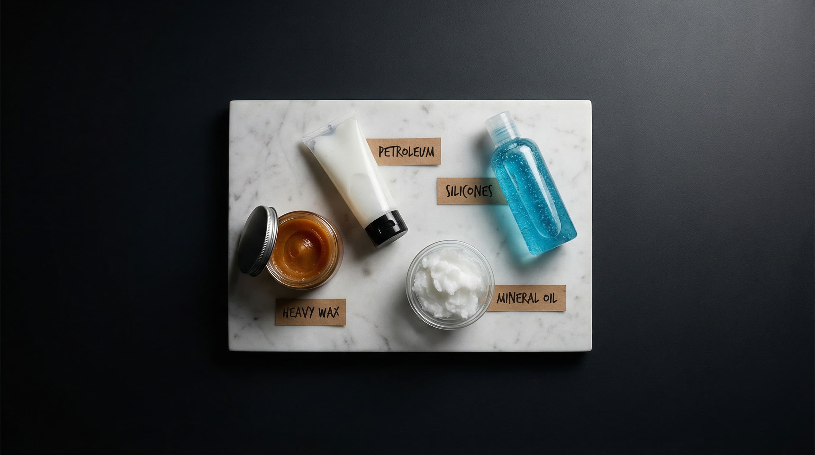 Hair styling products containing silicones petroleum and wax that cause scalp buildup