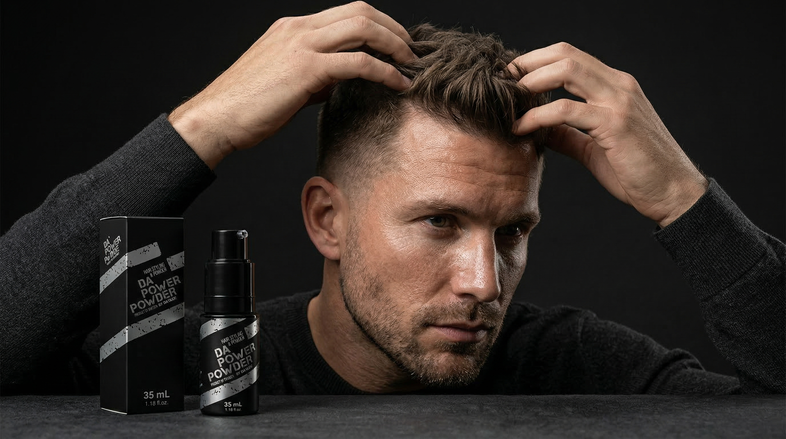 Scrunching hair powder into roots with fingertips for natural textured matte hold