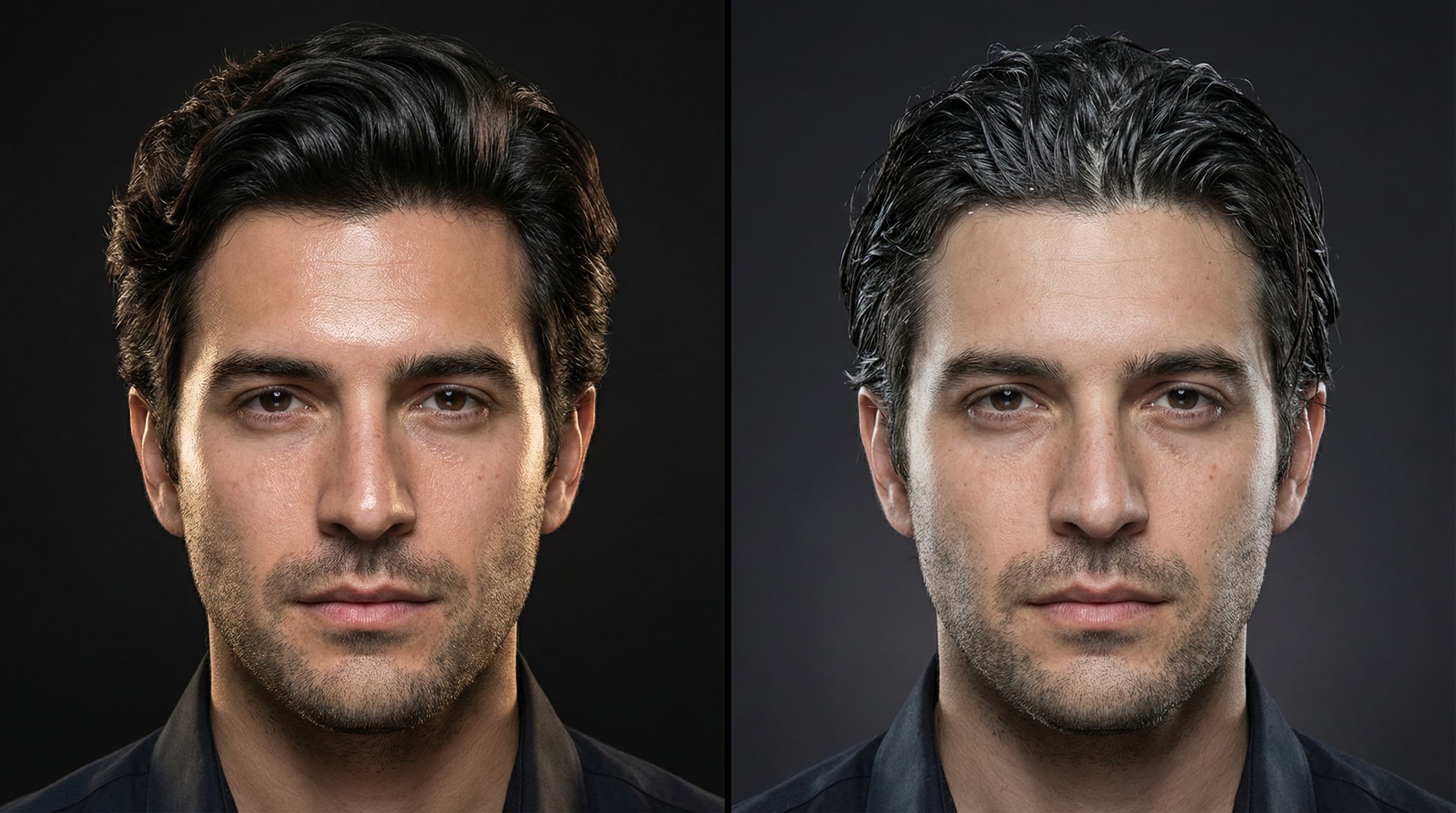 Side by side comparison of healthy hair versus dull flat hair with product buildup