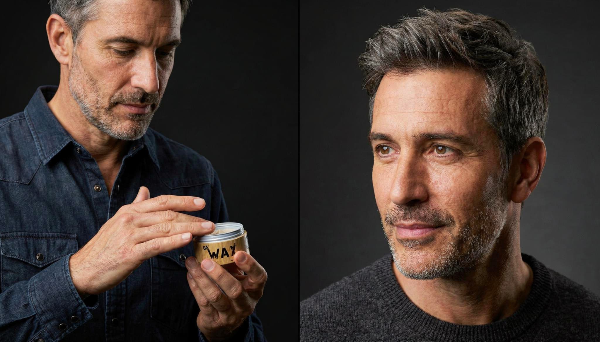 Man with salt-and-pepper hair styling with matte wax for a natural textured look