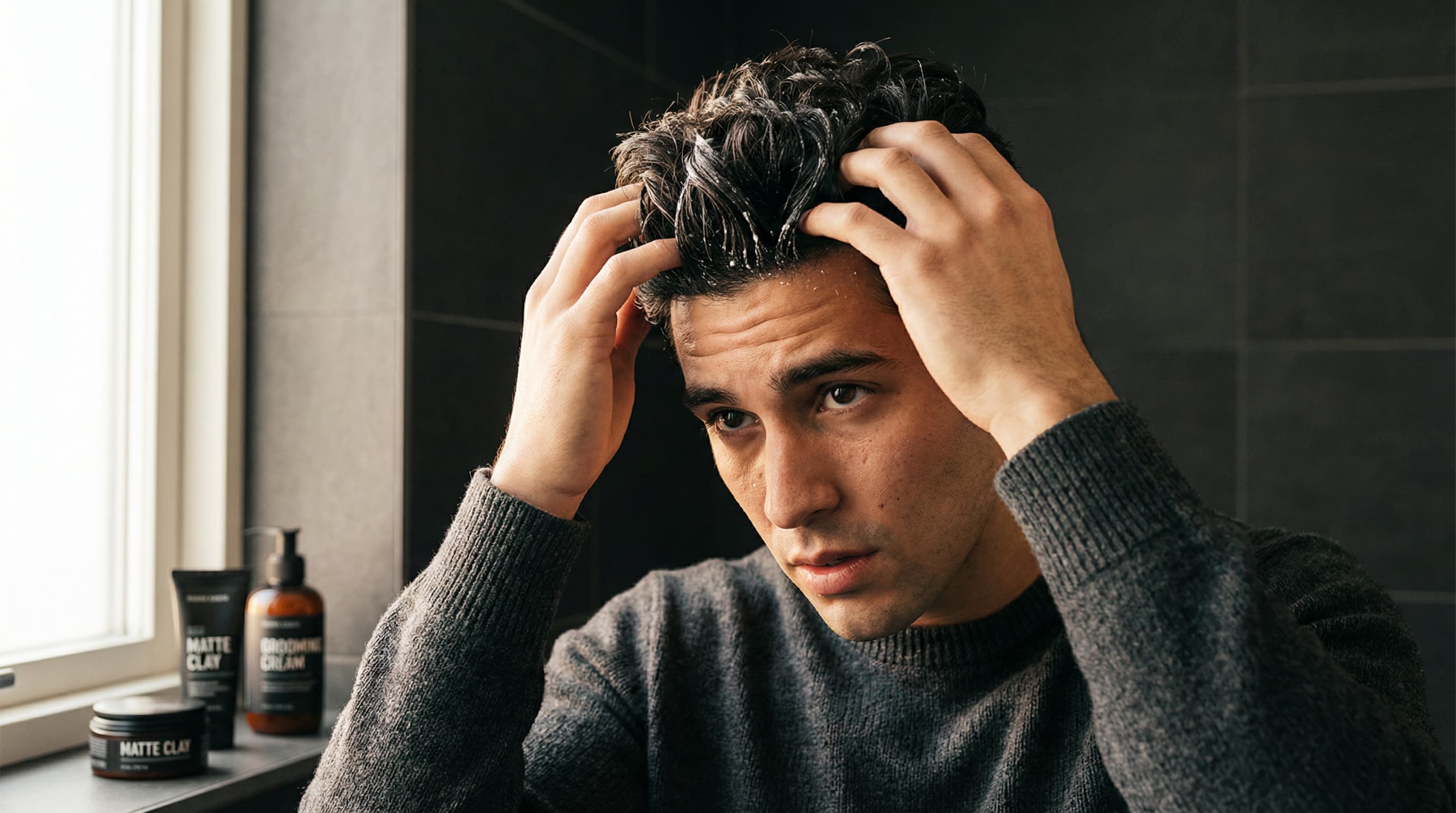 Man noticing hair wax buildup residue while running fingers through styled hair