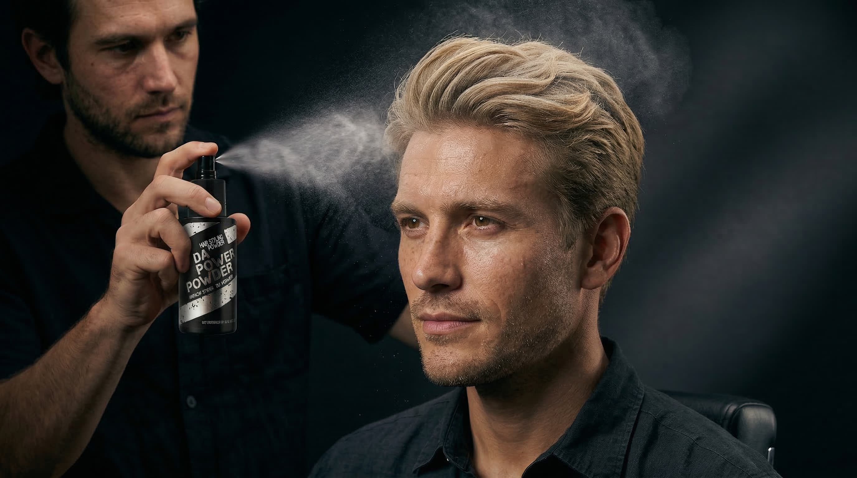 Stylist applying Da'Power Powder to men's hair for instant volume and matte texture