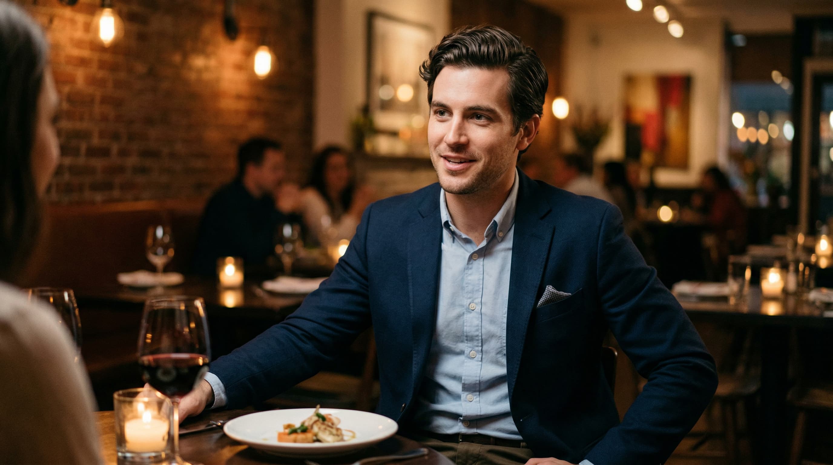 Well-groomed man with healthy styled hair projecting confidence and attraction on a date