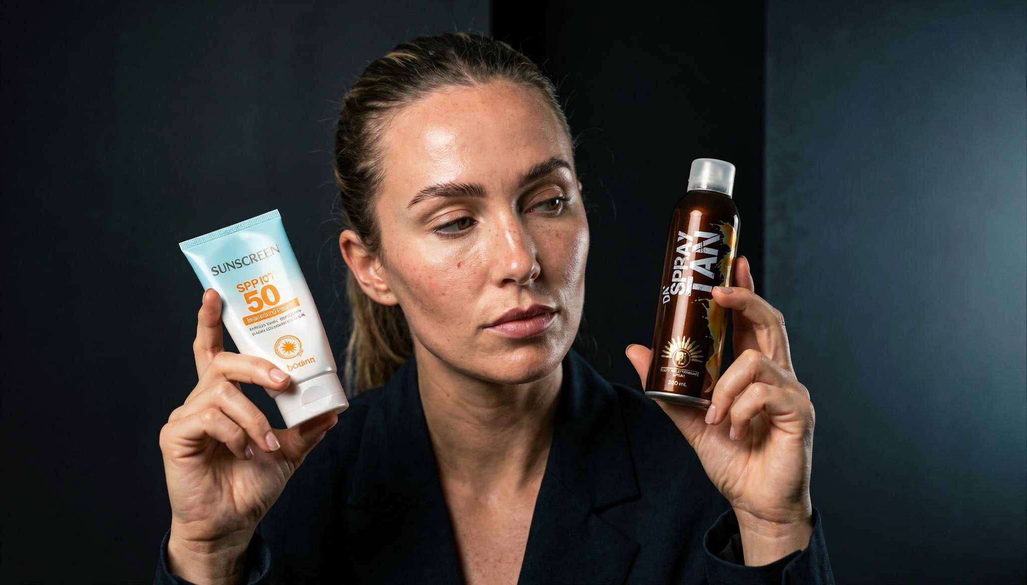 woman considering spray tan vs sun tan options for a bronzed glow