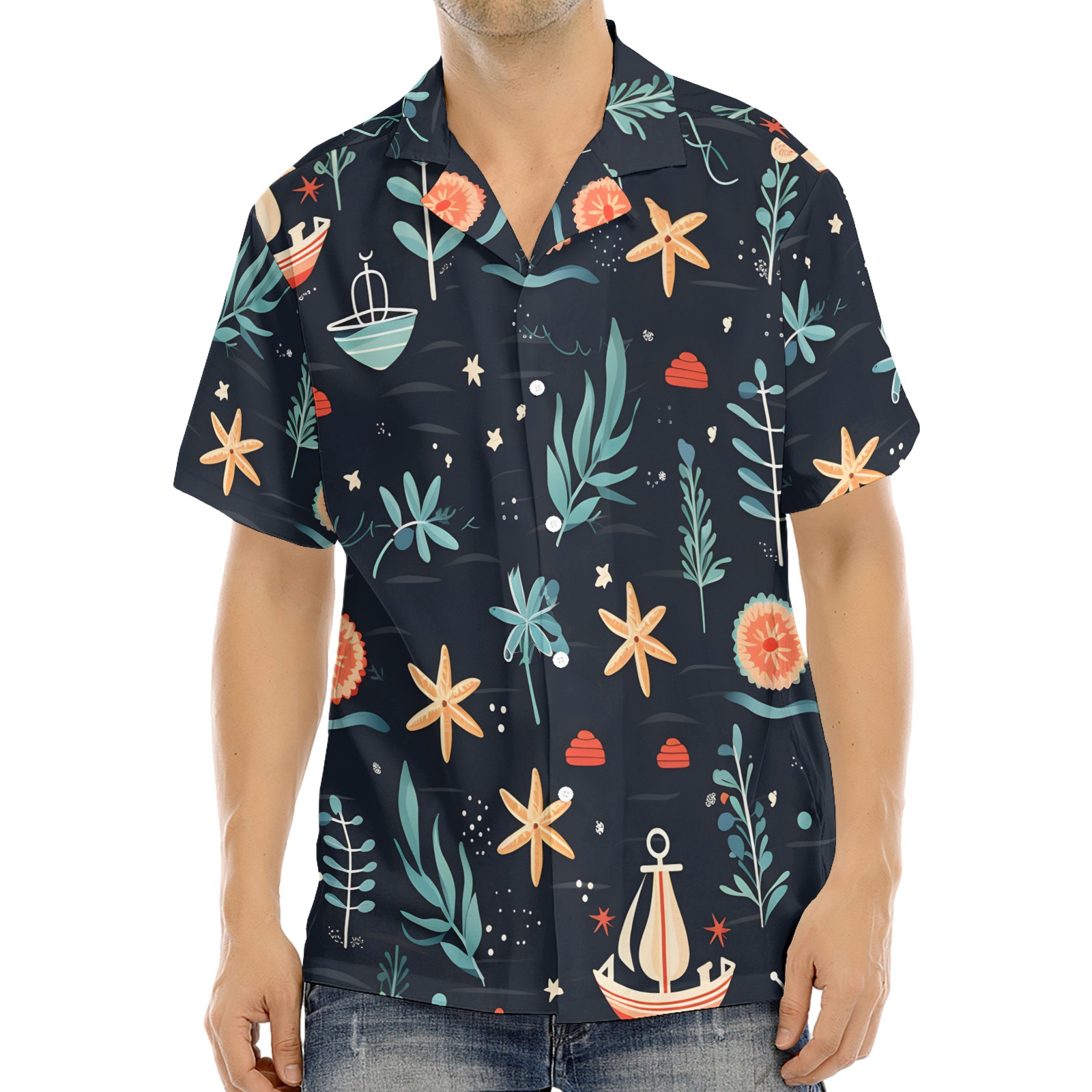 Men's Navy Blue Music Note Hawaiian Shirt | Tropical