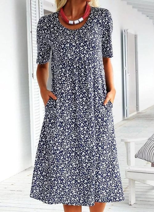 Casual Women Cotton Scoop Neck Floral Dress (8 Colors with Pockets)