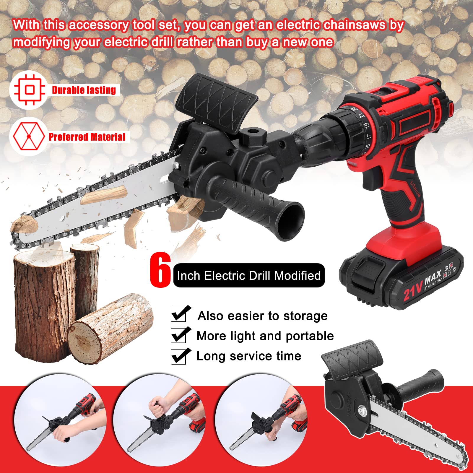 🔥Hot sale 30% OFF🔥 6 Inch Electric Drill Modified To Electric Chainsaw Drill Attachment✨Free 1* chain
