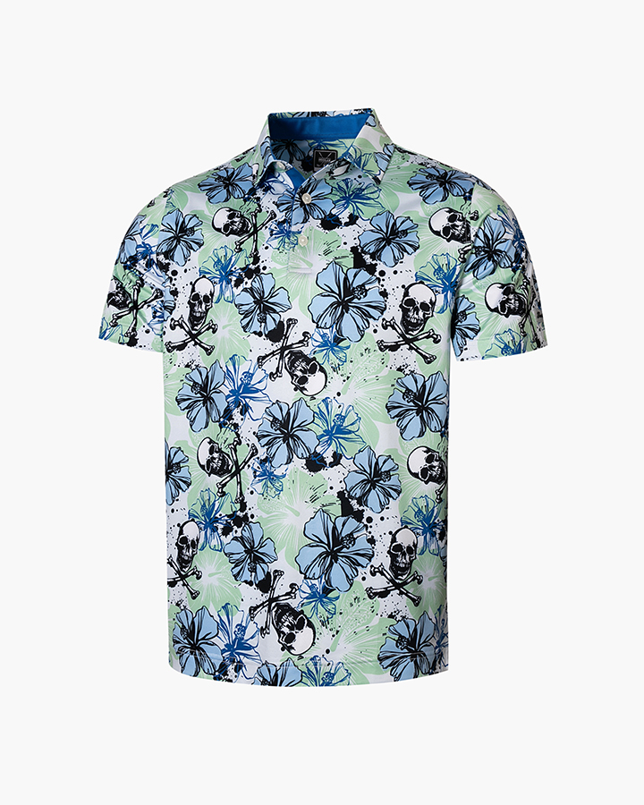 Green Polo Shirt - Blossom Skull. Bold Funny Golf Shirts - Deolax