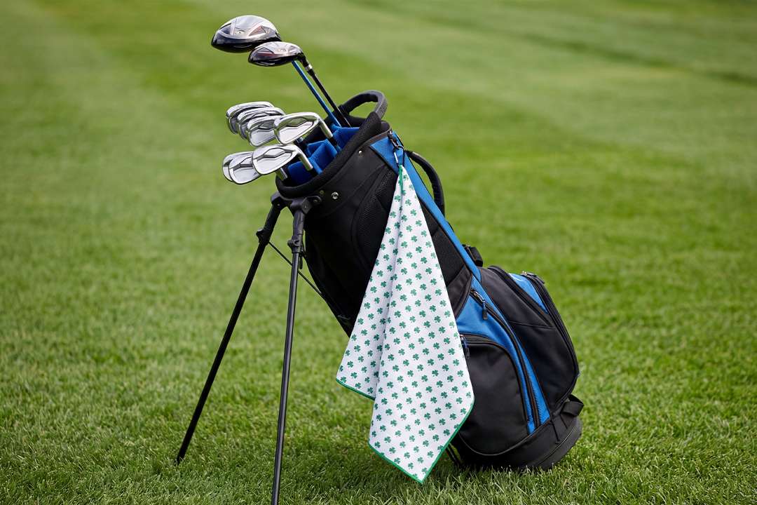 Golf towel hanging on the golf bag