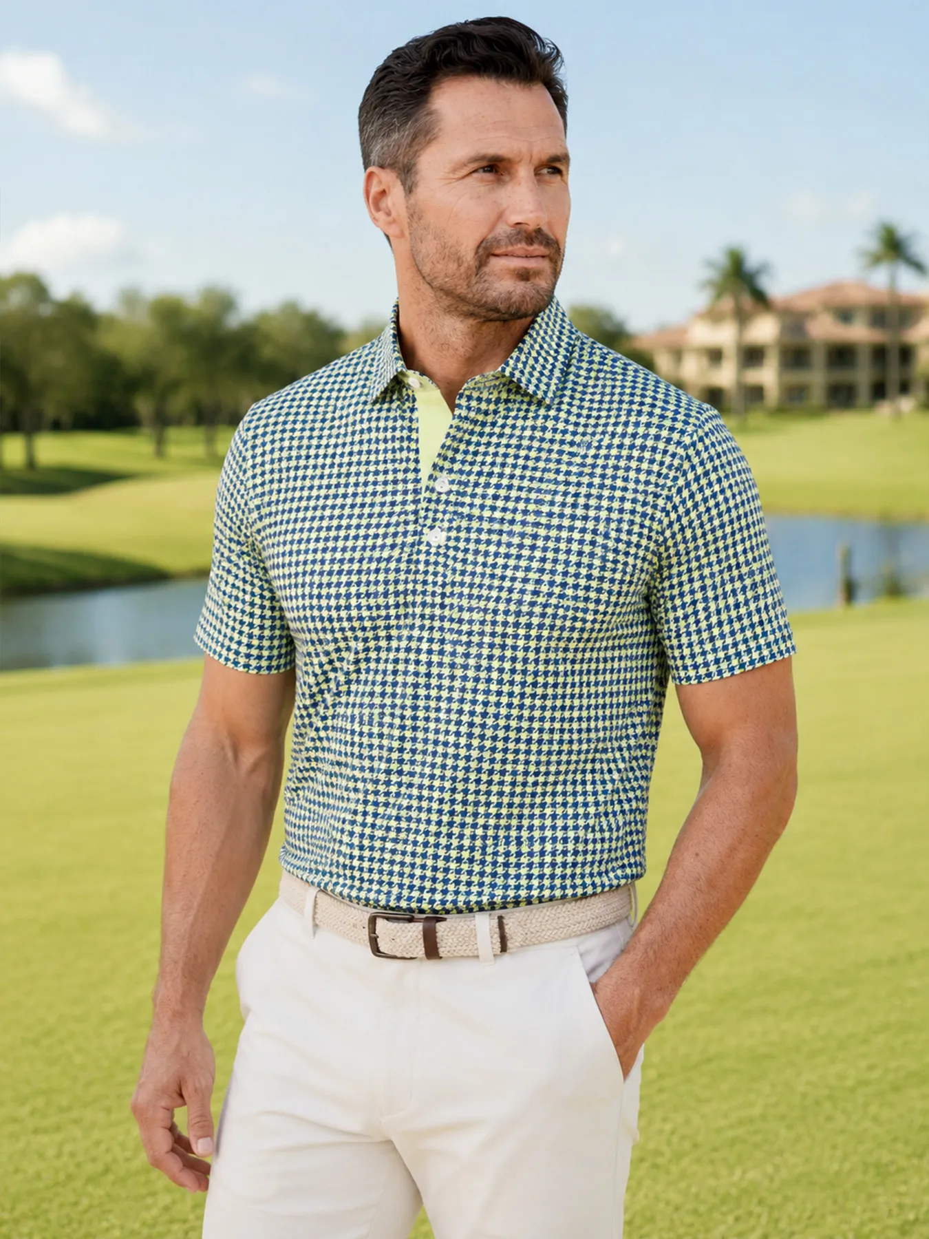 Houndstooth Lime Polo