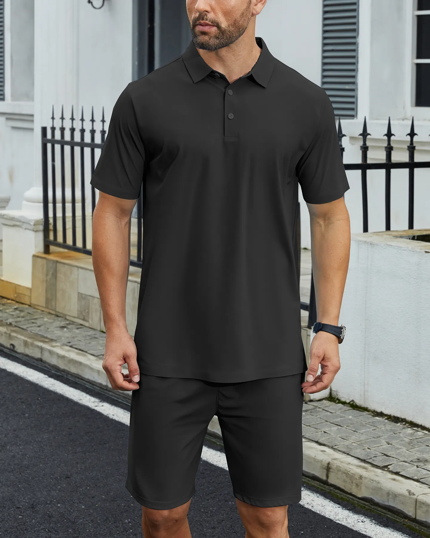 メンズウェア #SLASH LOGO SUMMER DRY POLO - BLACK - ZYXTIM Mens Short Sleeve Polo Shirts Button Up Cotton Summer