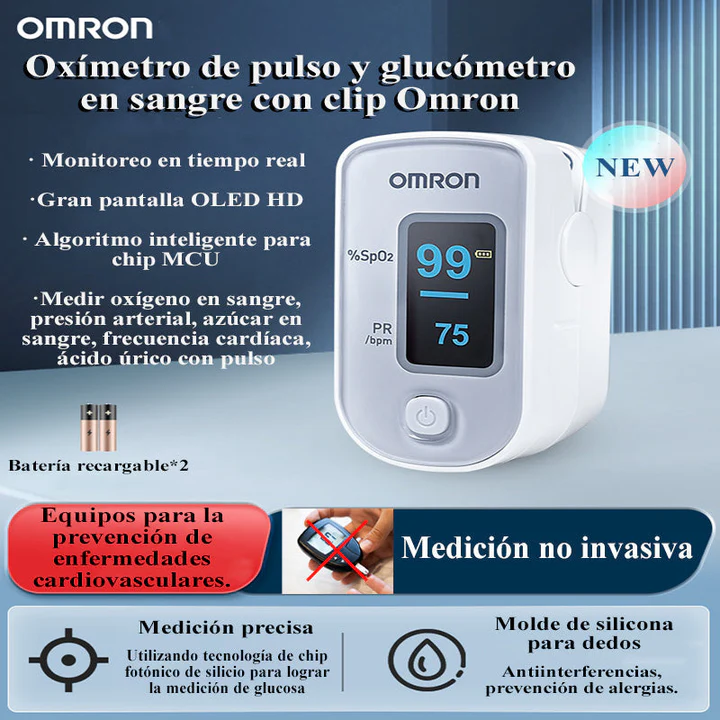 OXÍMETRO DE PULSO Y MEDIDOR DE GLUCOSA CON CLIP OMRON MIDEN EL AZÚCAR Y EL OXÍGENO EN LA SANGRE