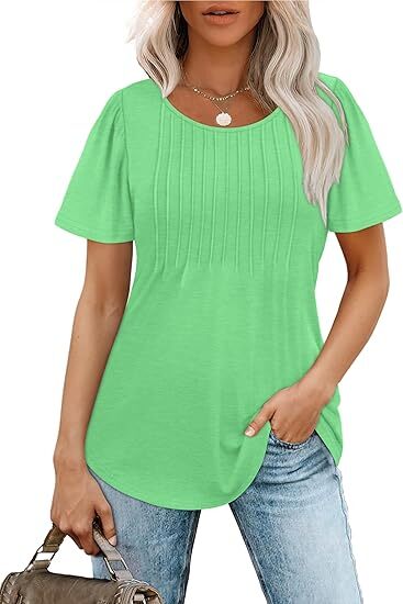 🔥Last day promotion🔥Womens T Shirts Short Sleeve Pleated Dressy Casual Scooped Neck Summer Tops Blouses