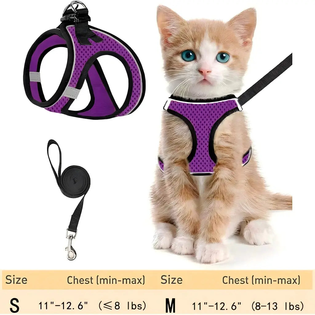 Escape Proof Cat Harness & Leash (≤13 lbs)Adjustable Reflective Soft Mesh Vest for Easy Safe Walks with Leash Included