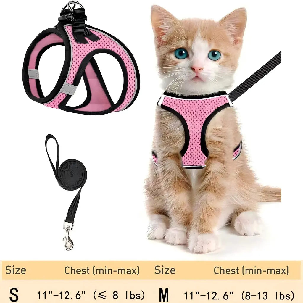 Escape Proof Cat Harness & Leash (≤13 lbs)Adjustable Reflective Soft Mesh Vest for Easy Safe Walks with Leash Included