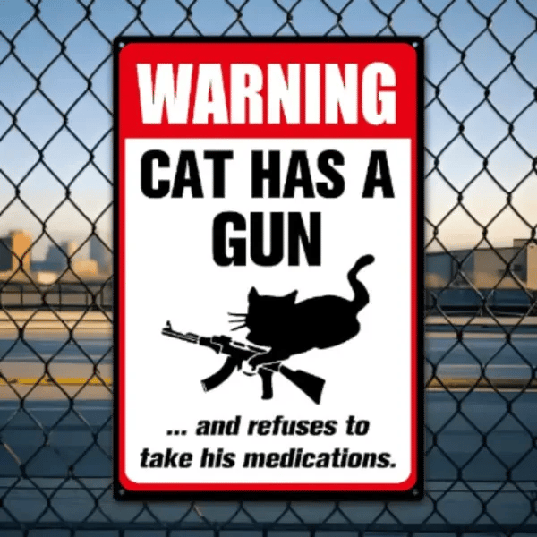 🔥Hot Sale 49% OFF-Funny "Cat & Dog Has a Gun & Won't Take Meds" Aluminum Sign