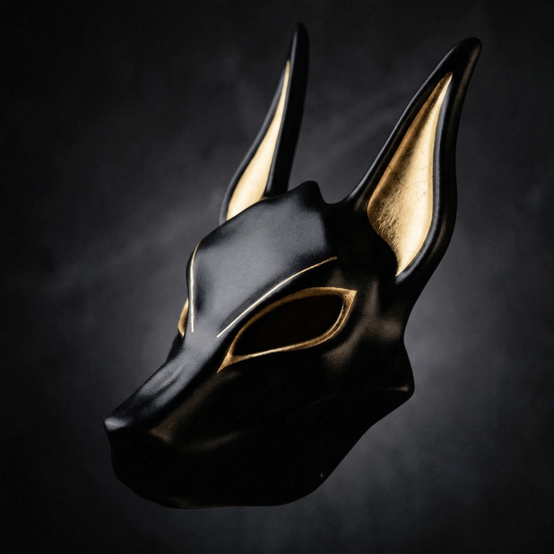 Egyptian Anubis Mask: Hand-Painted Faux Gold Leaf Jackal Mask for Cosplay & Luxury Wall Decor